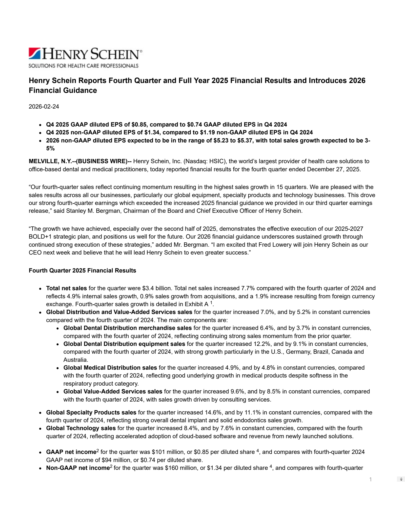 Henry Schein's Q4 2025 Press Release