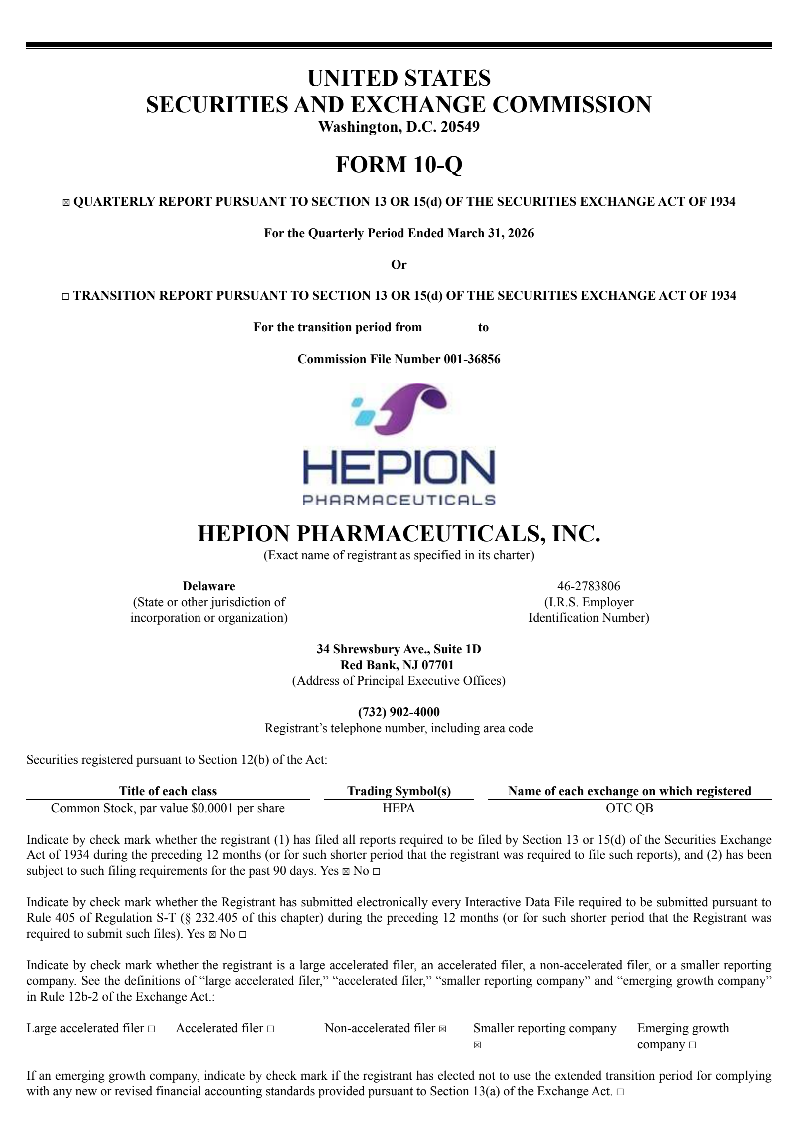Hepion Pharmaceuticals' Q1 2026 Quarterly report