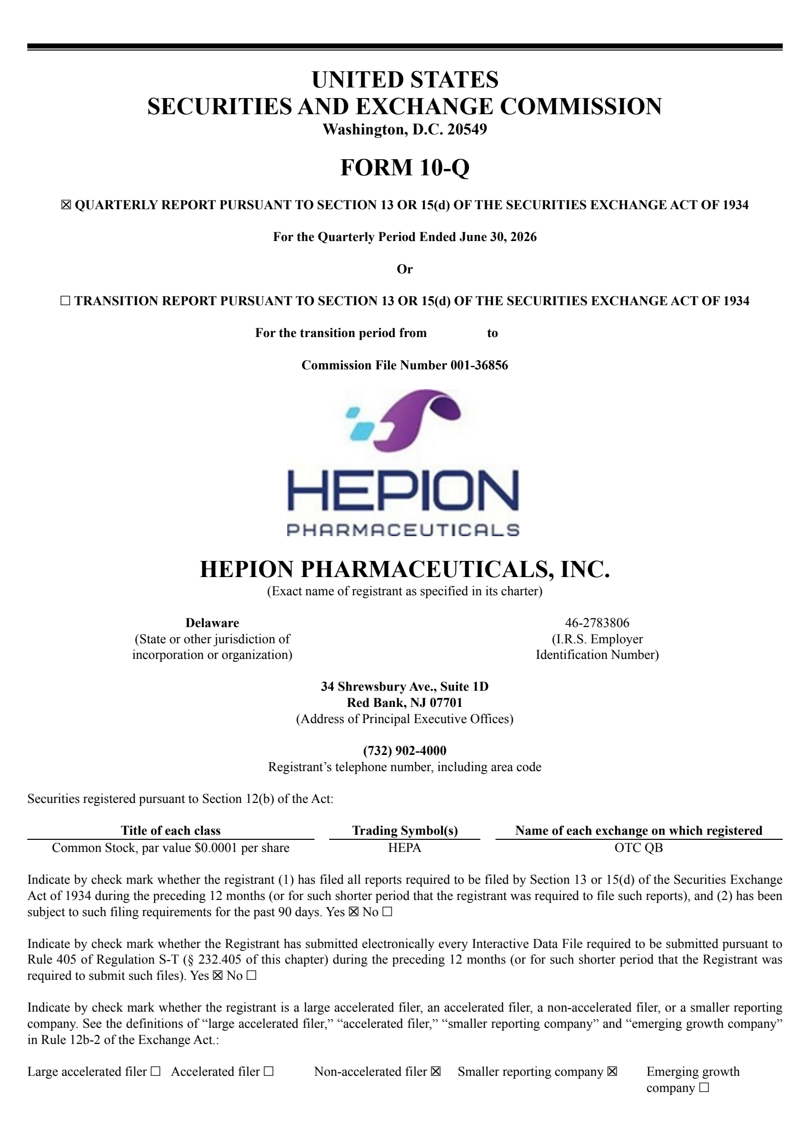 Hepion Pharmaceuticals' Q2 2026 Quarterly report