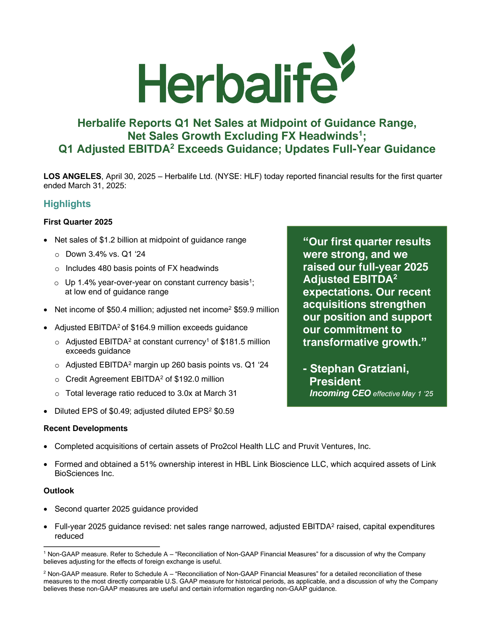 Herbalife's Q1 2025 Press Release