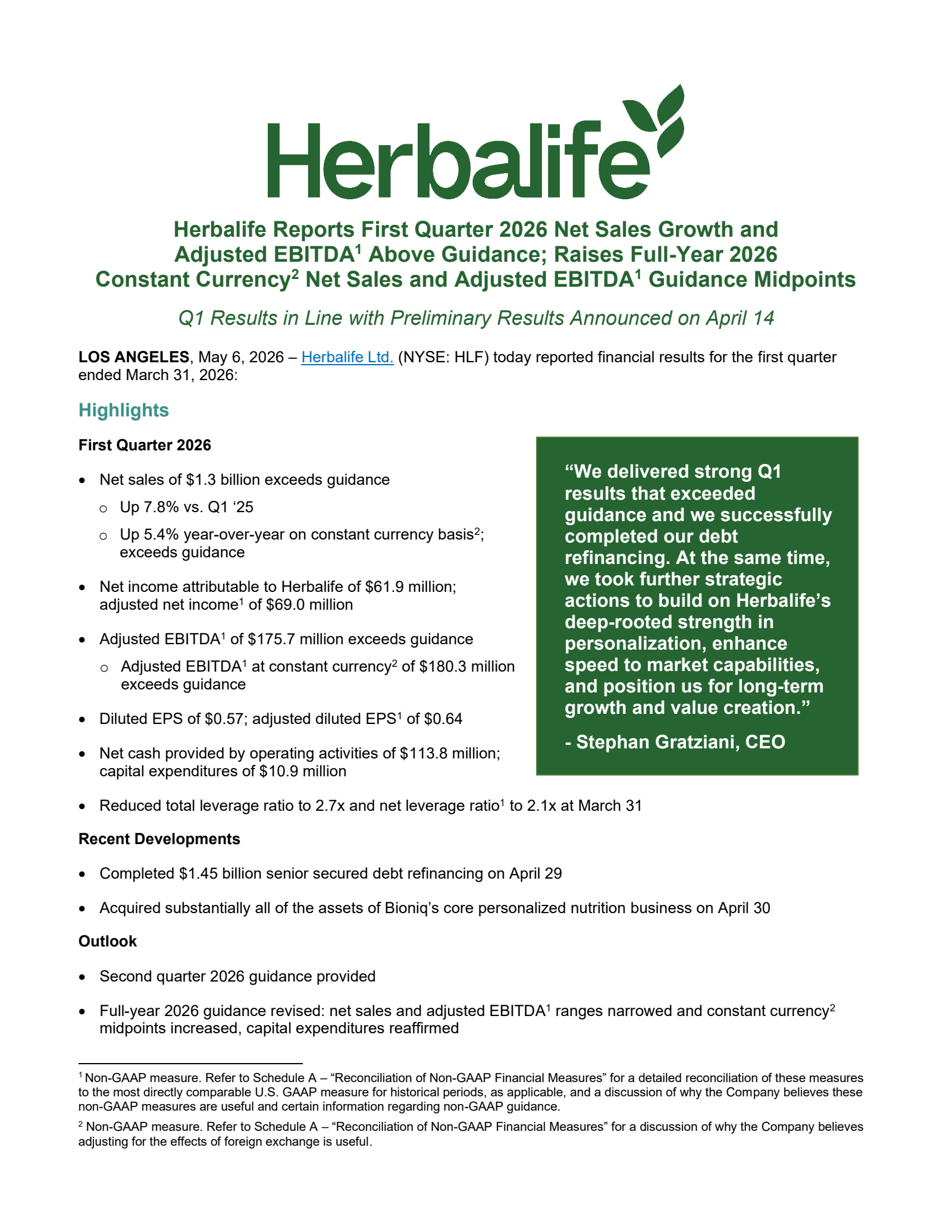 Herbalife's Q1 2026 Press Release