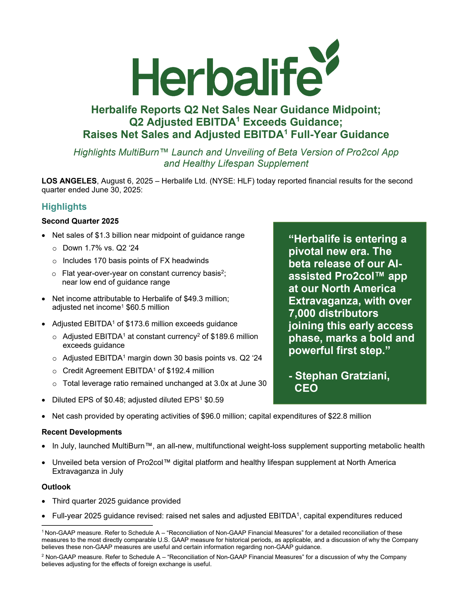 Herbalife's Q2 2025 Press Release
