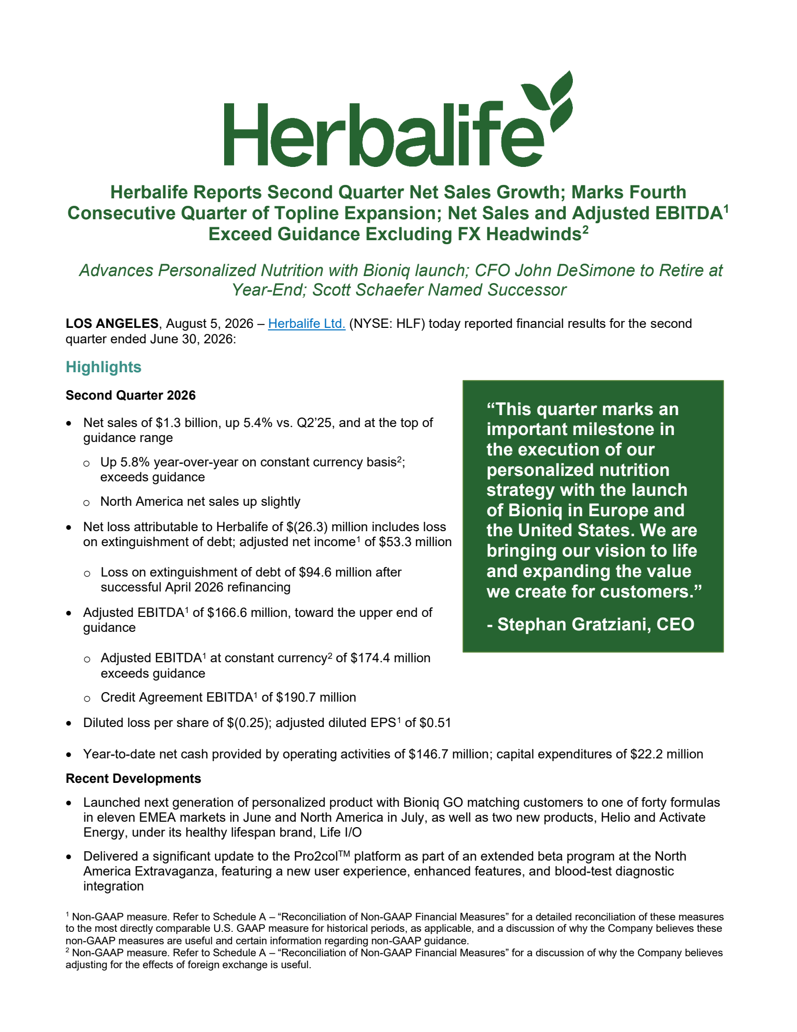 Herbalife's Q2 2026 Press Release