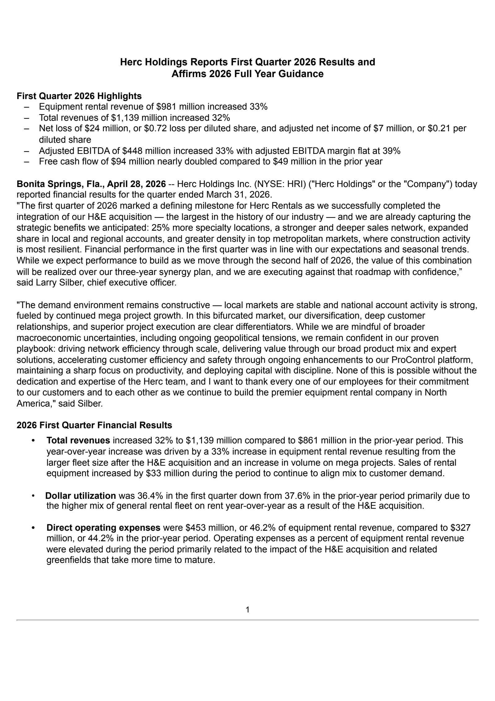 Herc's Q1 2026 Press Release