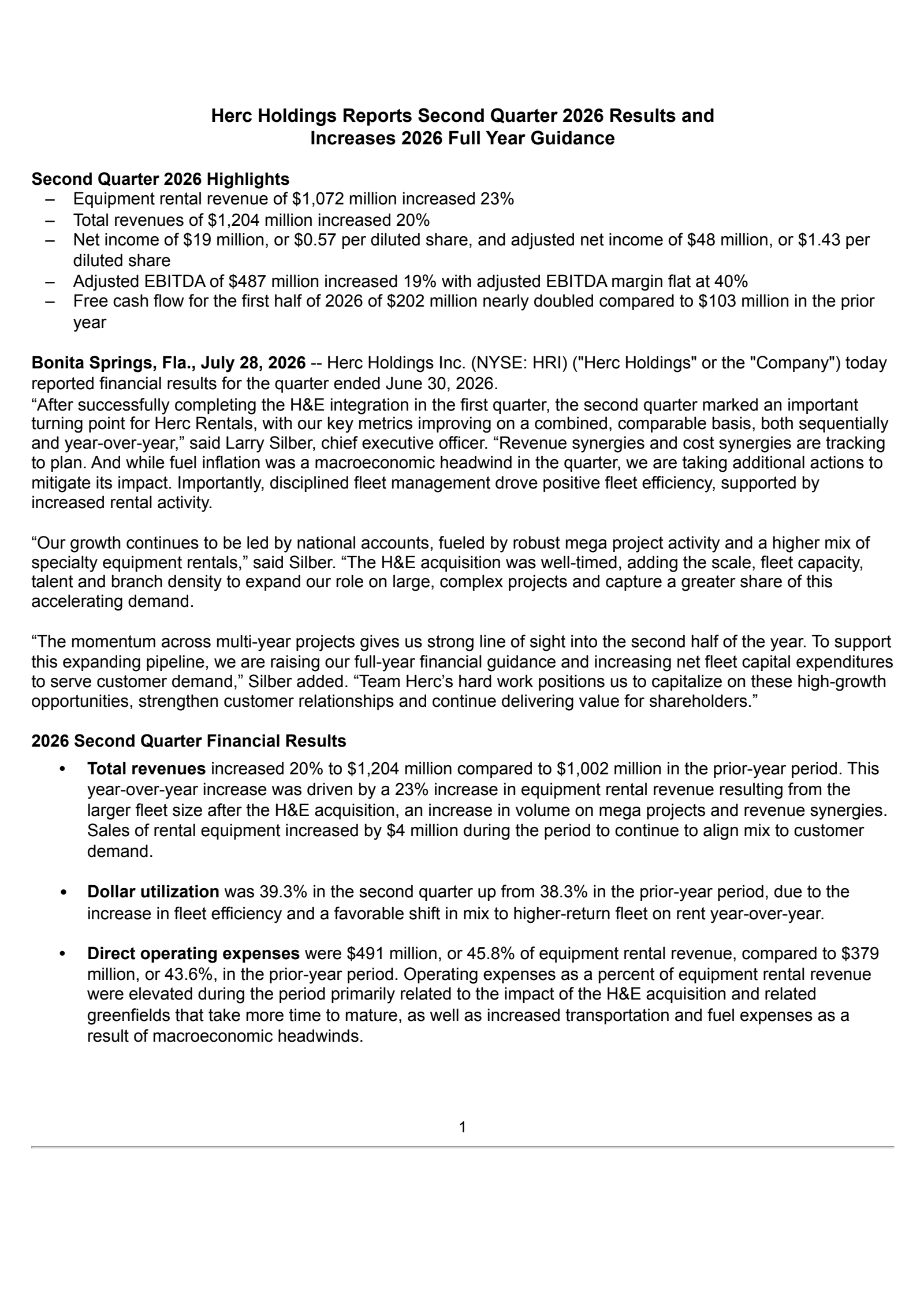 Herc's Q2 2026 Press Release