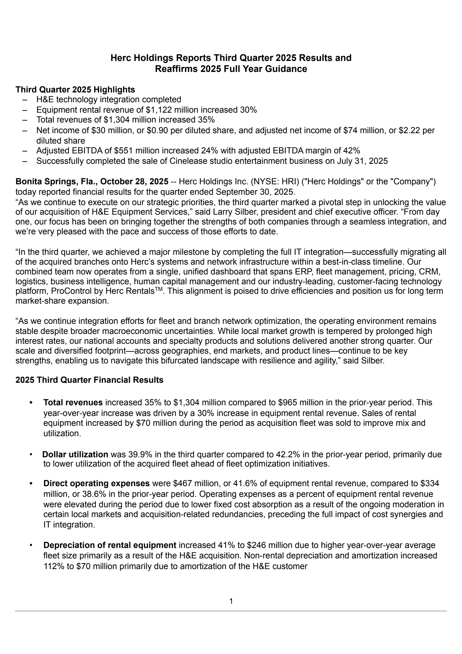 Herc's Q3 2025 Earnings Release