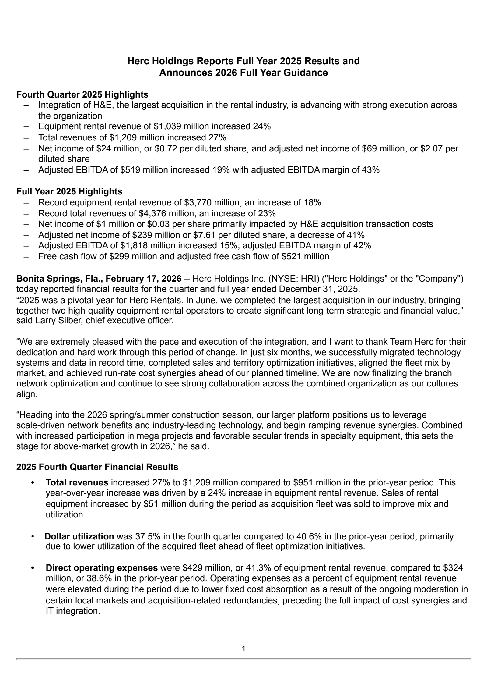 Herc's Q4 2025 Press Release