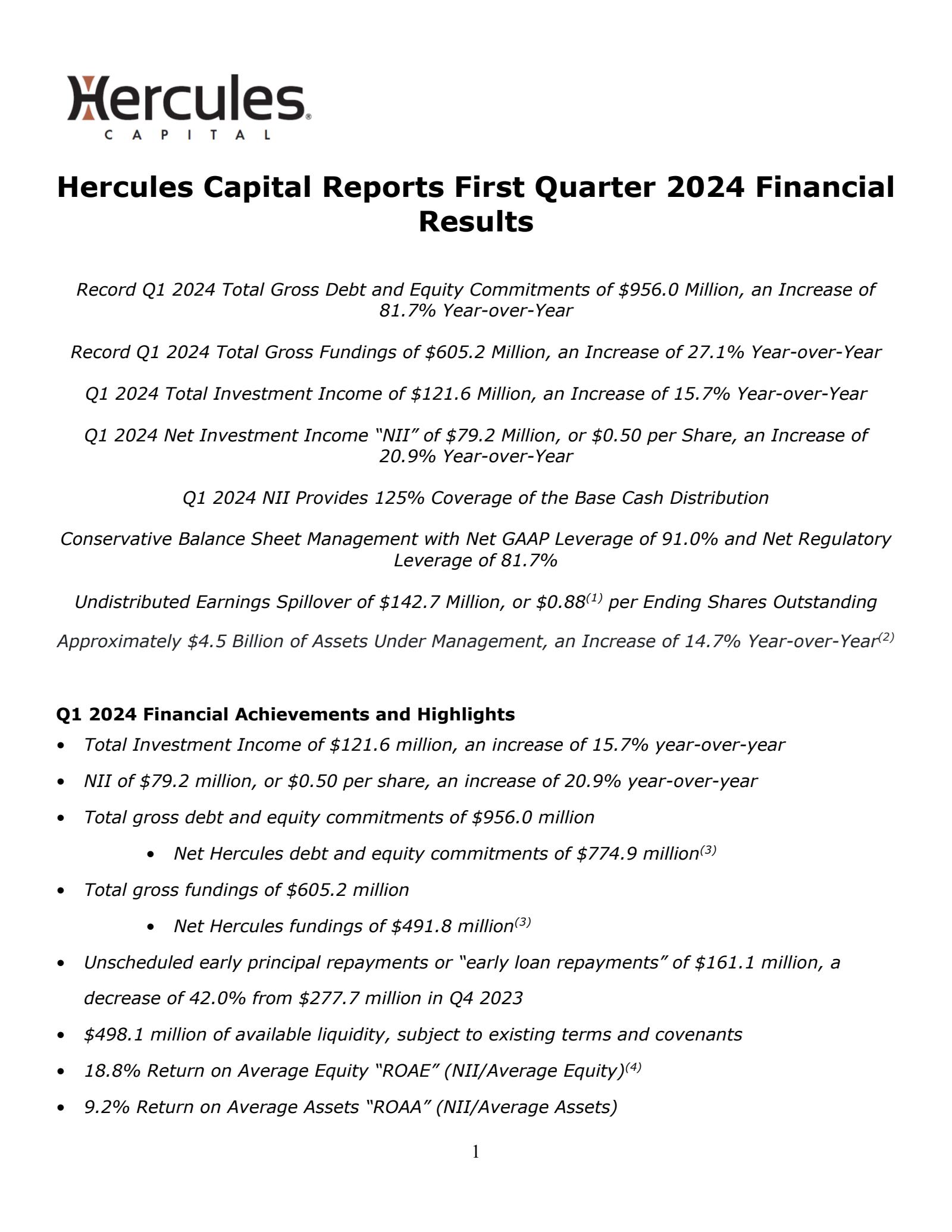 Hercules Capital's Q1 2024 Press Release