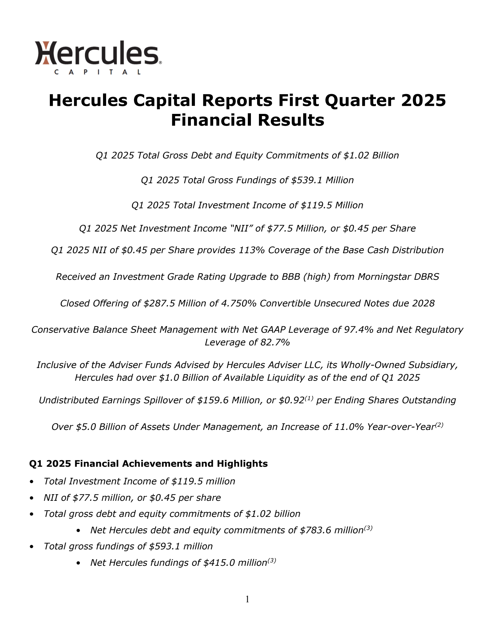 Hercules Capital's Q1 2025 Press Release