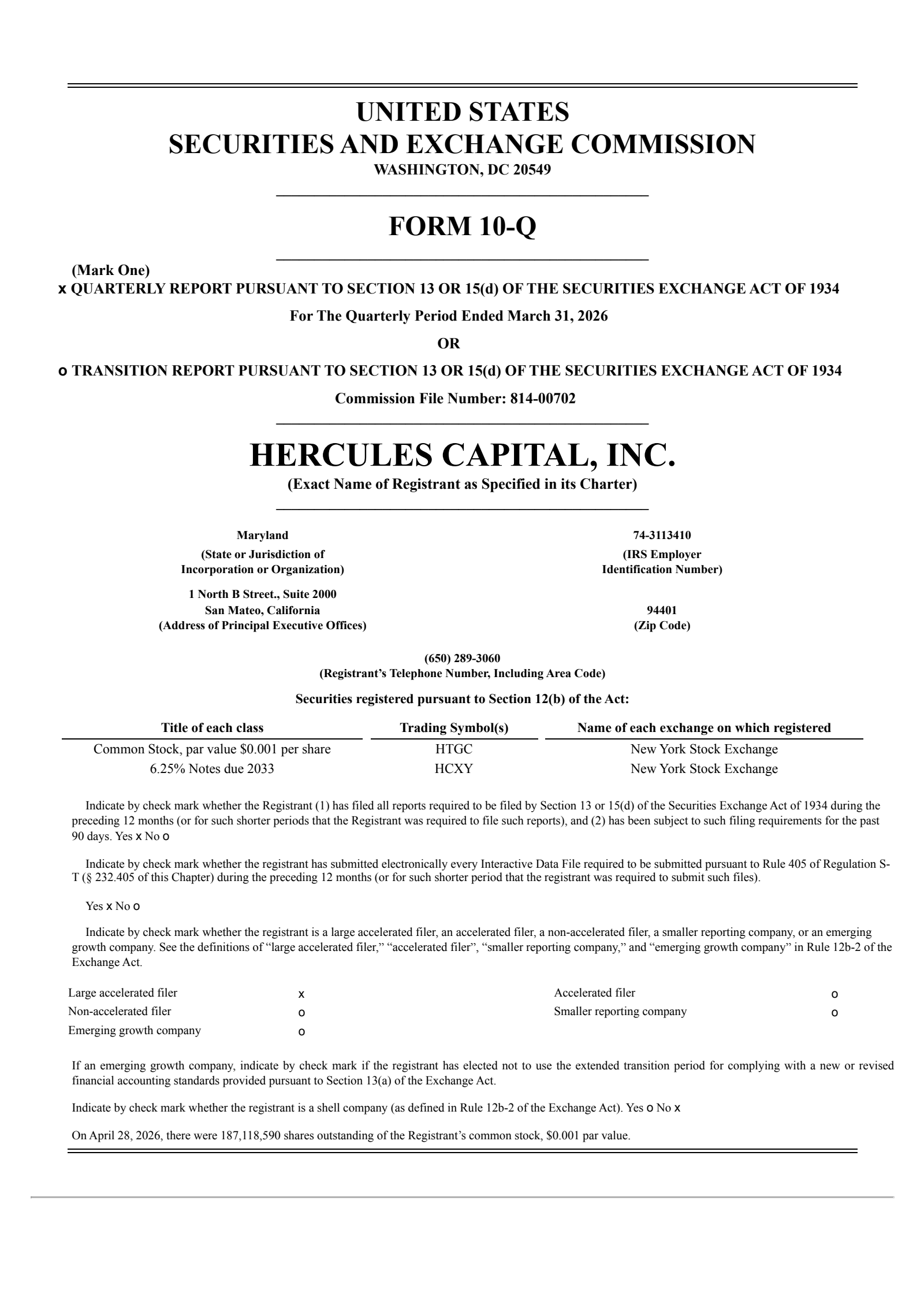 Hercules Capital's Q1 2026 Quarterly report