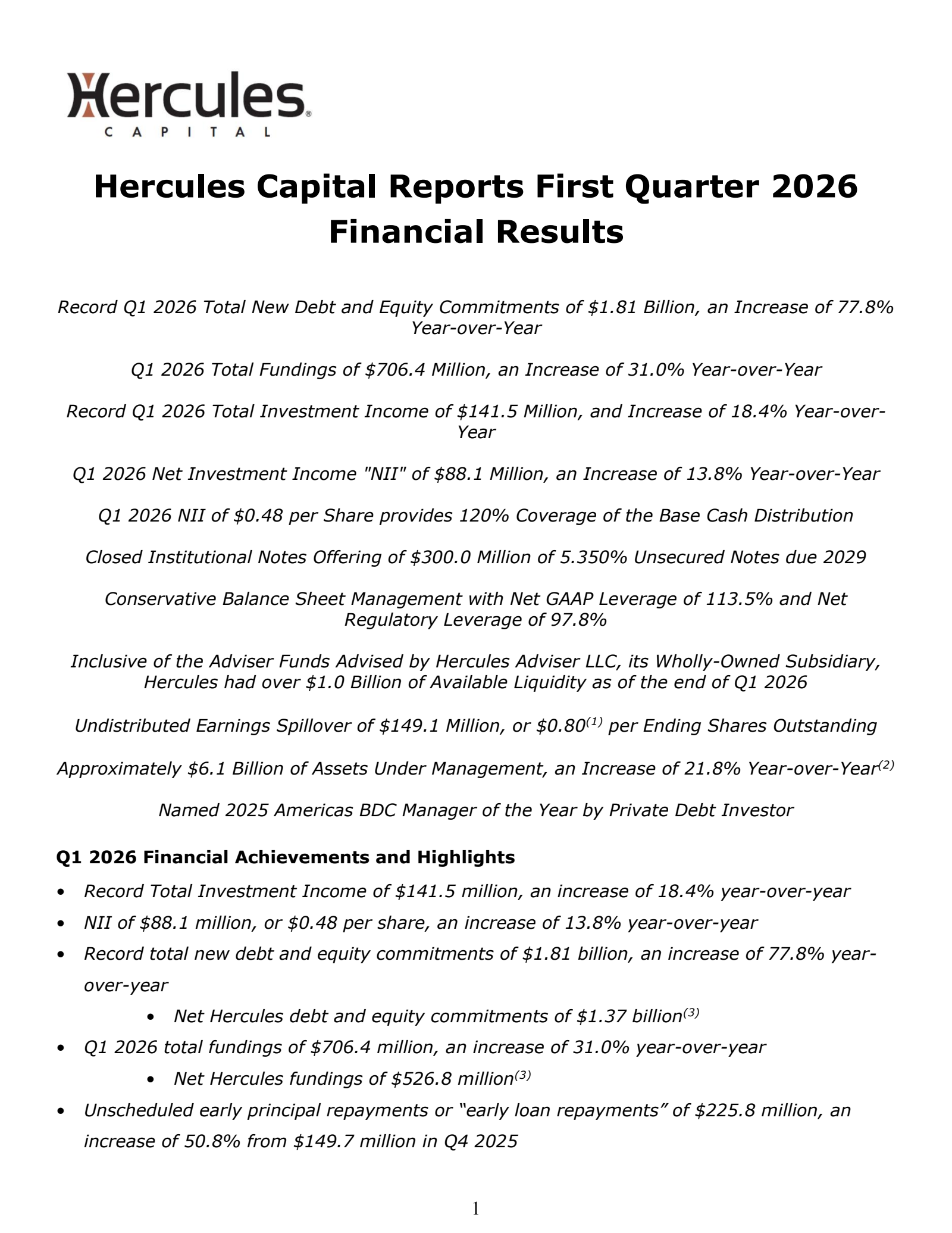 Hercules Capital's Q1 2026 Press Release