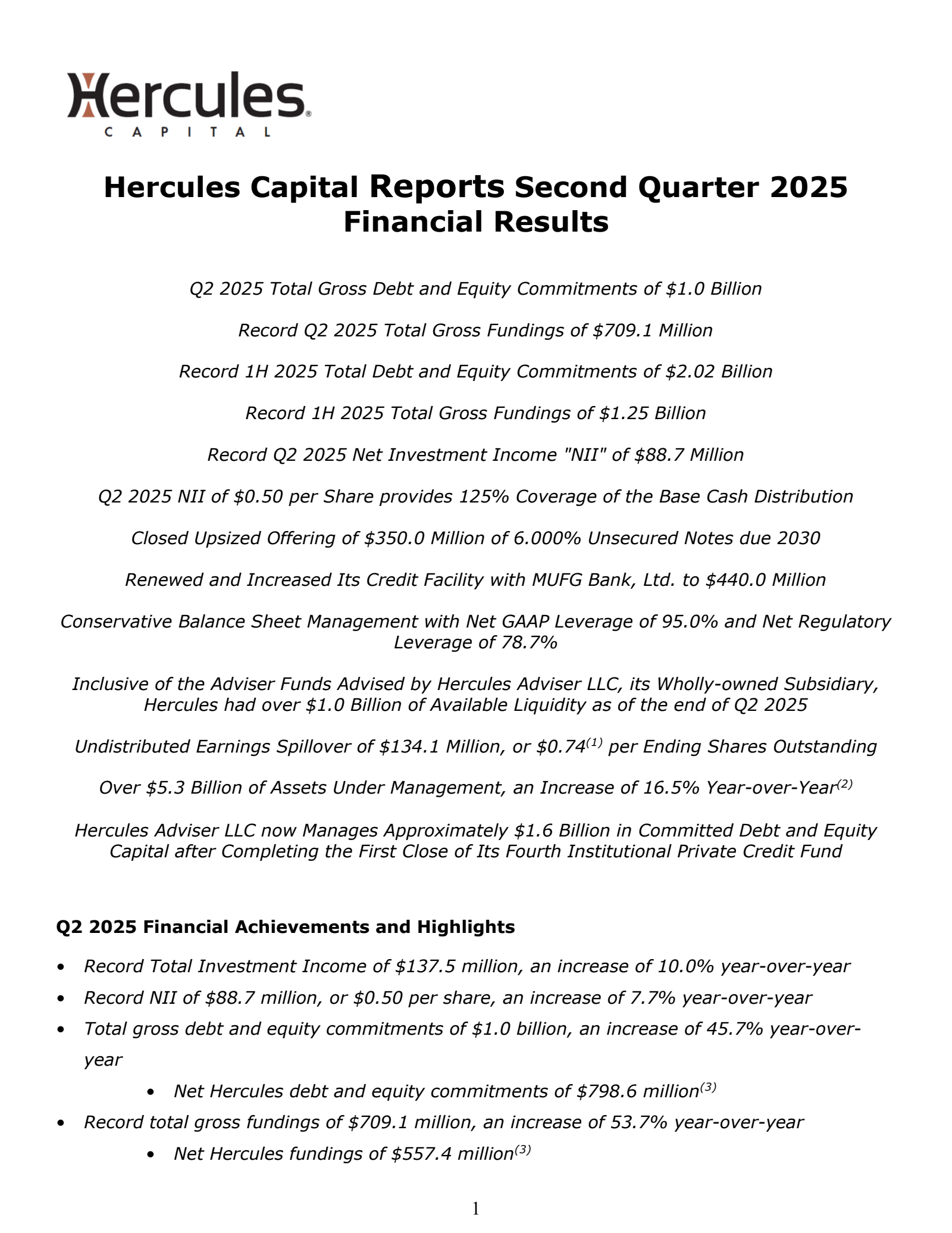 Hercules Capital's Q2 2025 Press Release