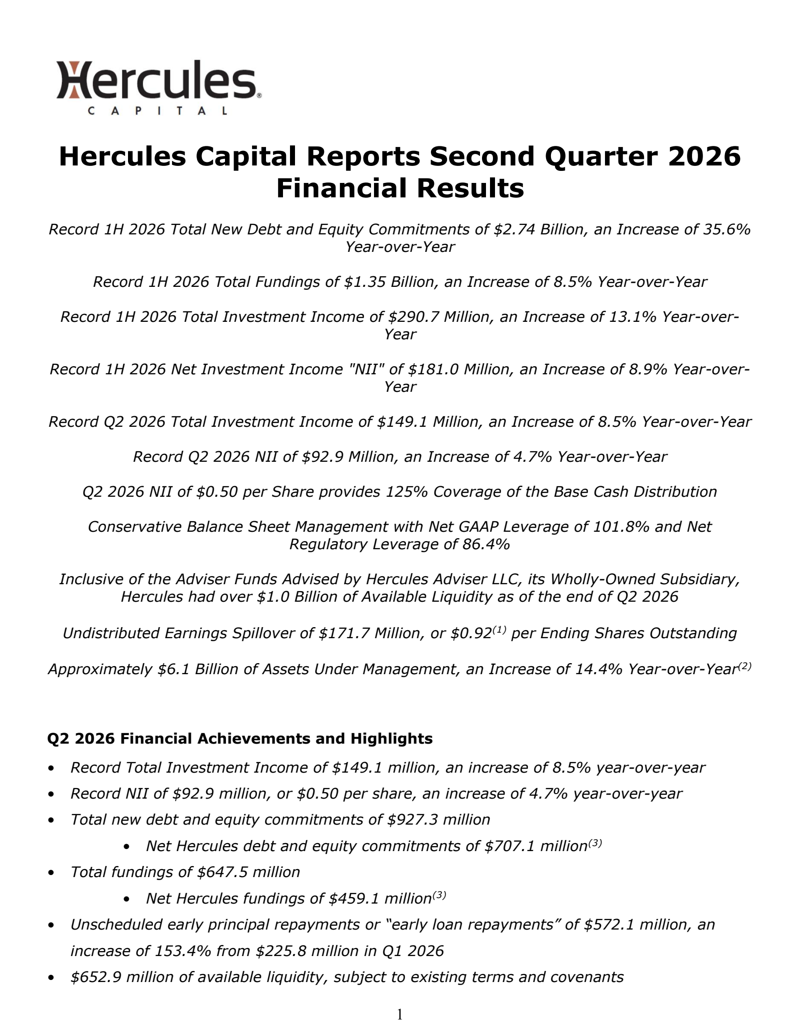 Hercules Capital's Q2 2026 Press Release