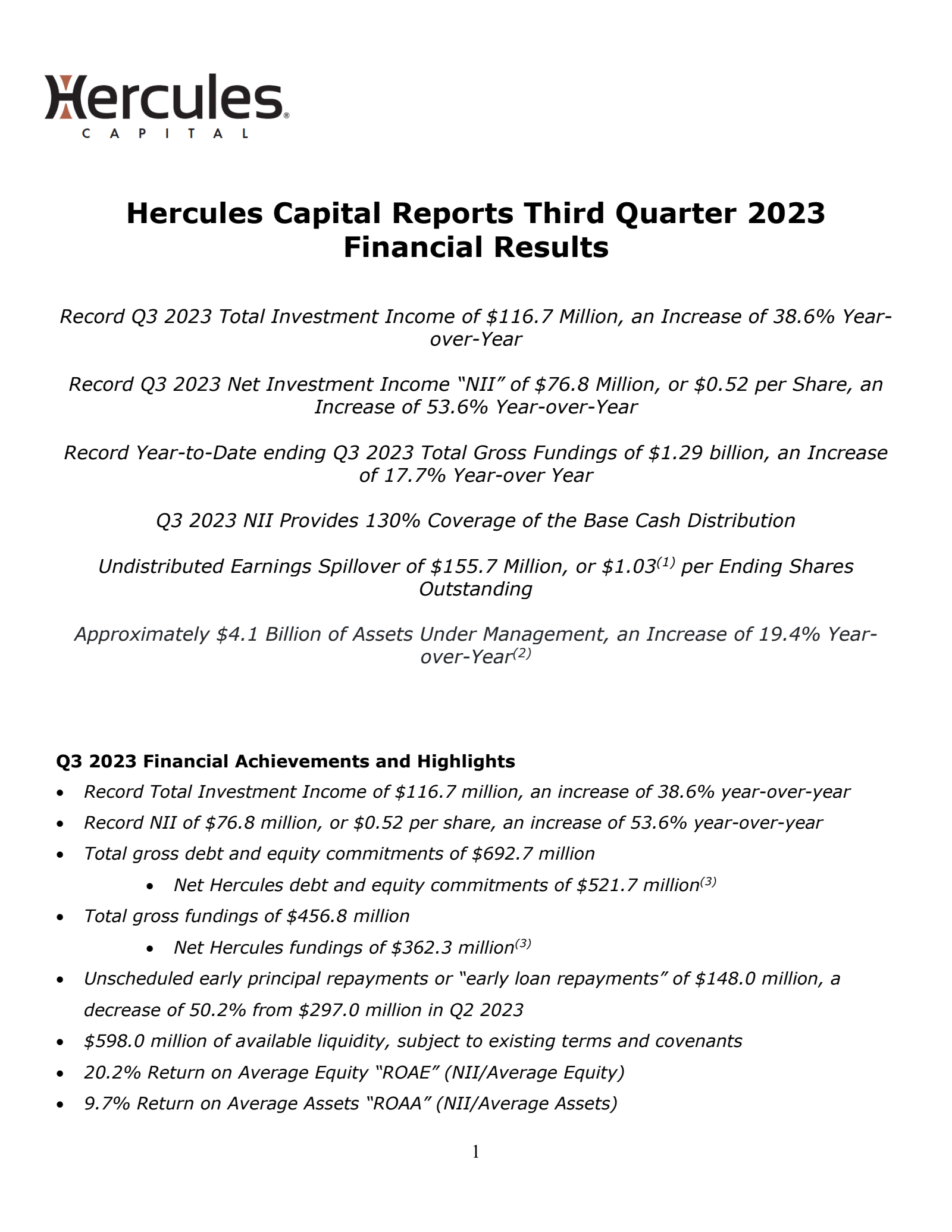 Hercules Capital's Q3 2023 Press Release
