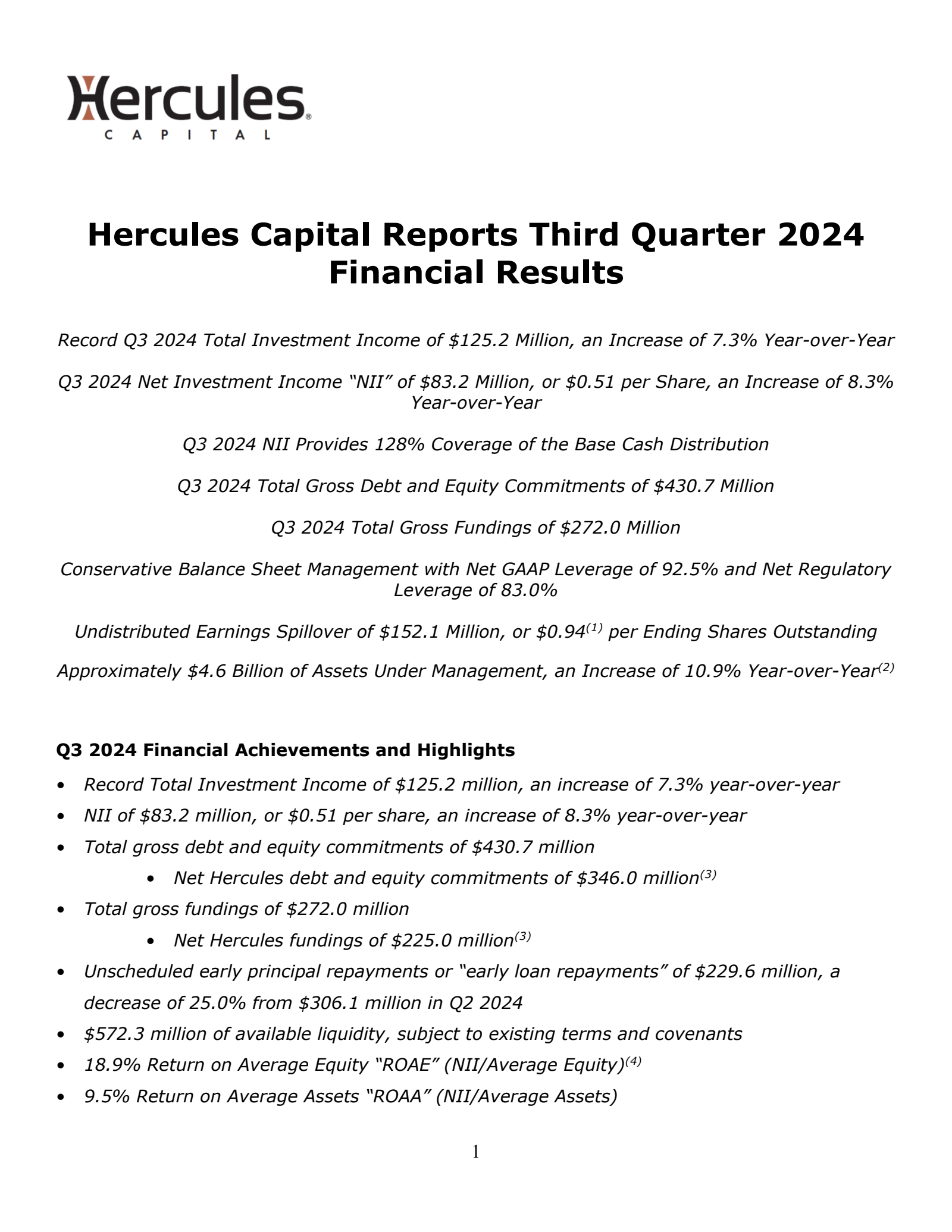 Hercules Capital's Q3 2024 Press Release