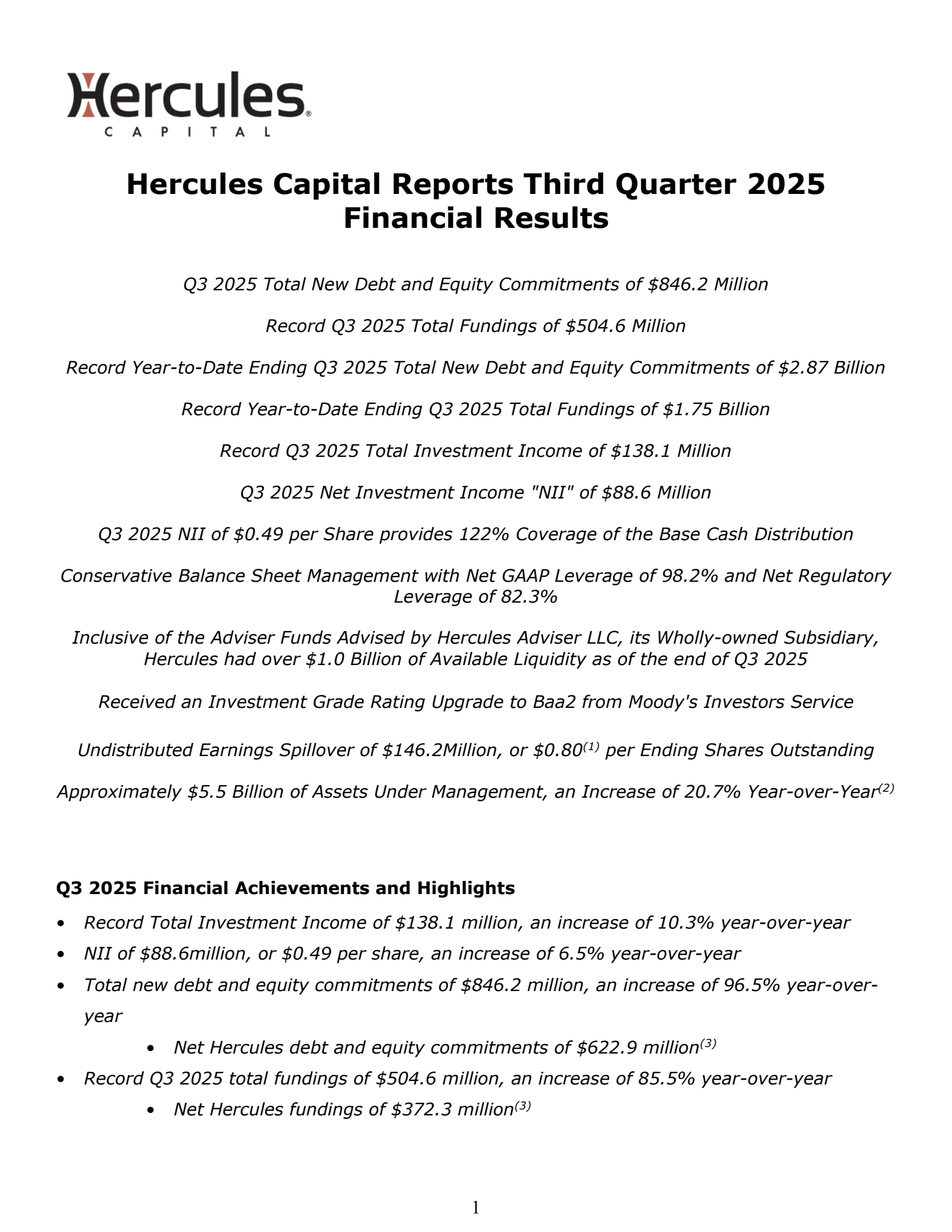 Hercules Capital's Q3 2025 Earnings Release