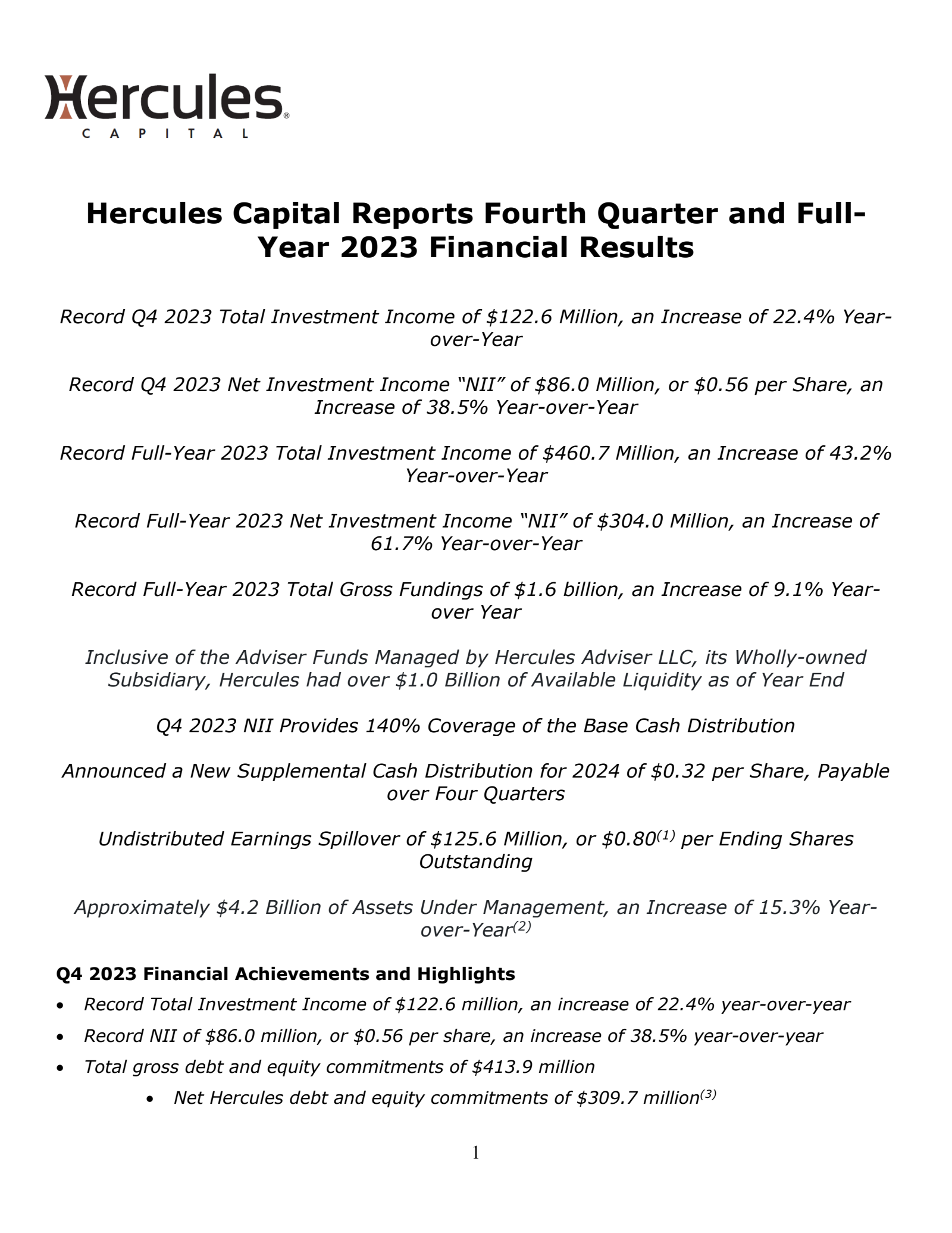 Hercules Capital's Q4 2023 Press Release