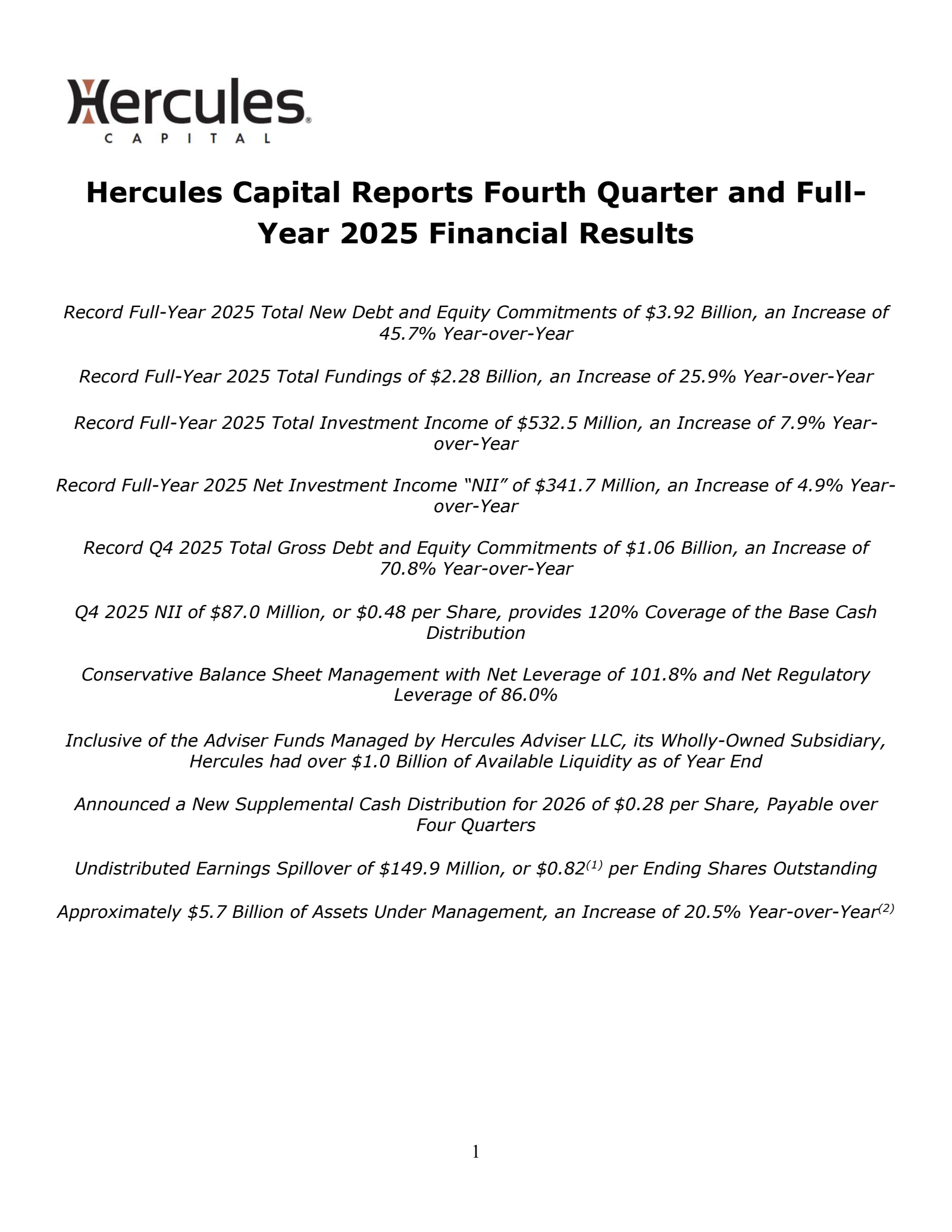 Hercules Capital's Q4 2025 Press Release