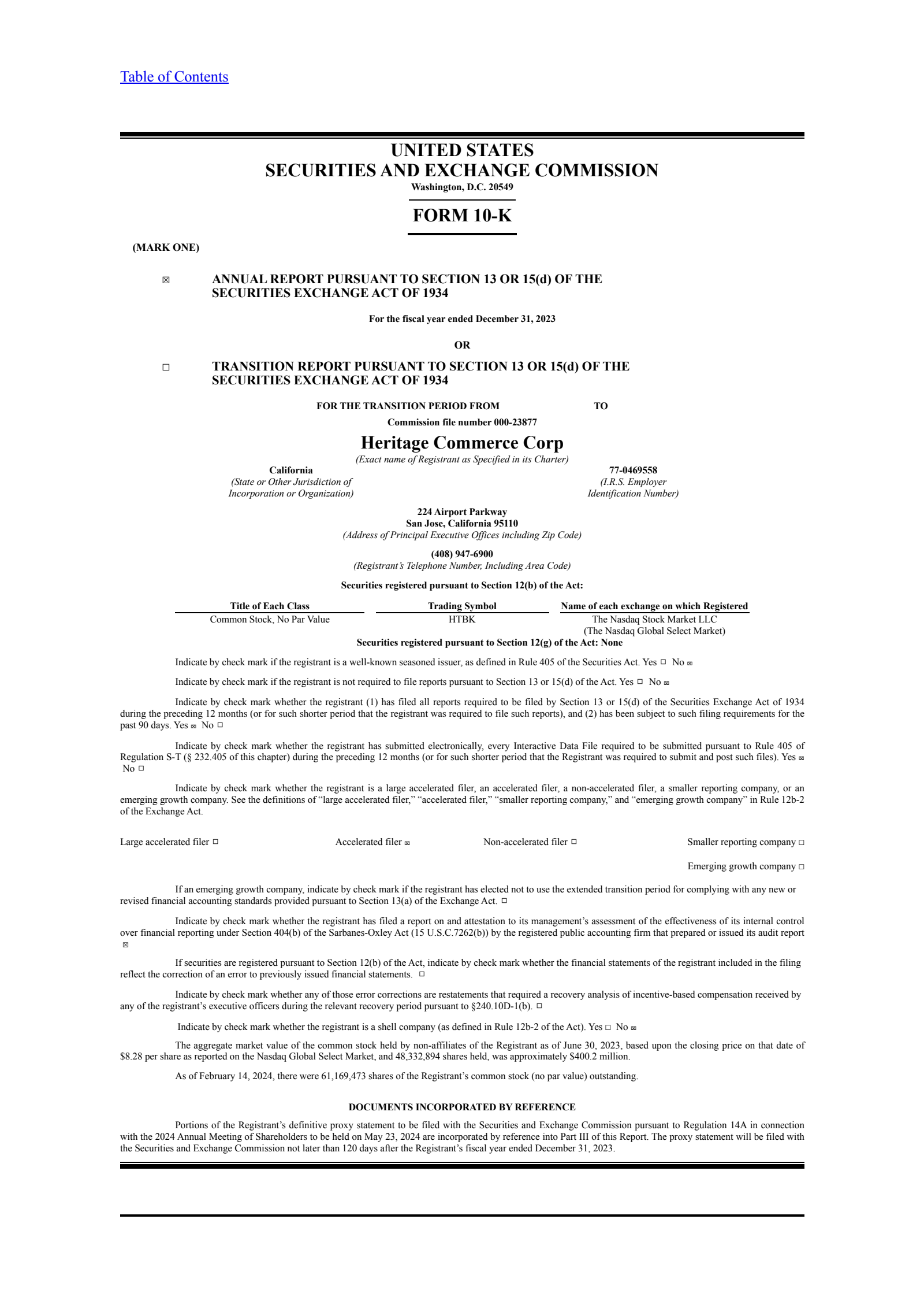 Heritage Commerce's Q4 2023 Annual report