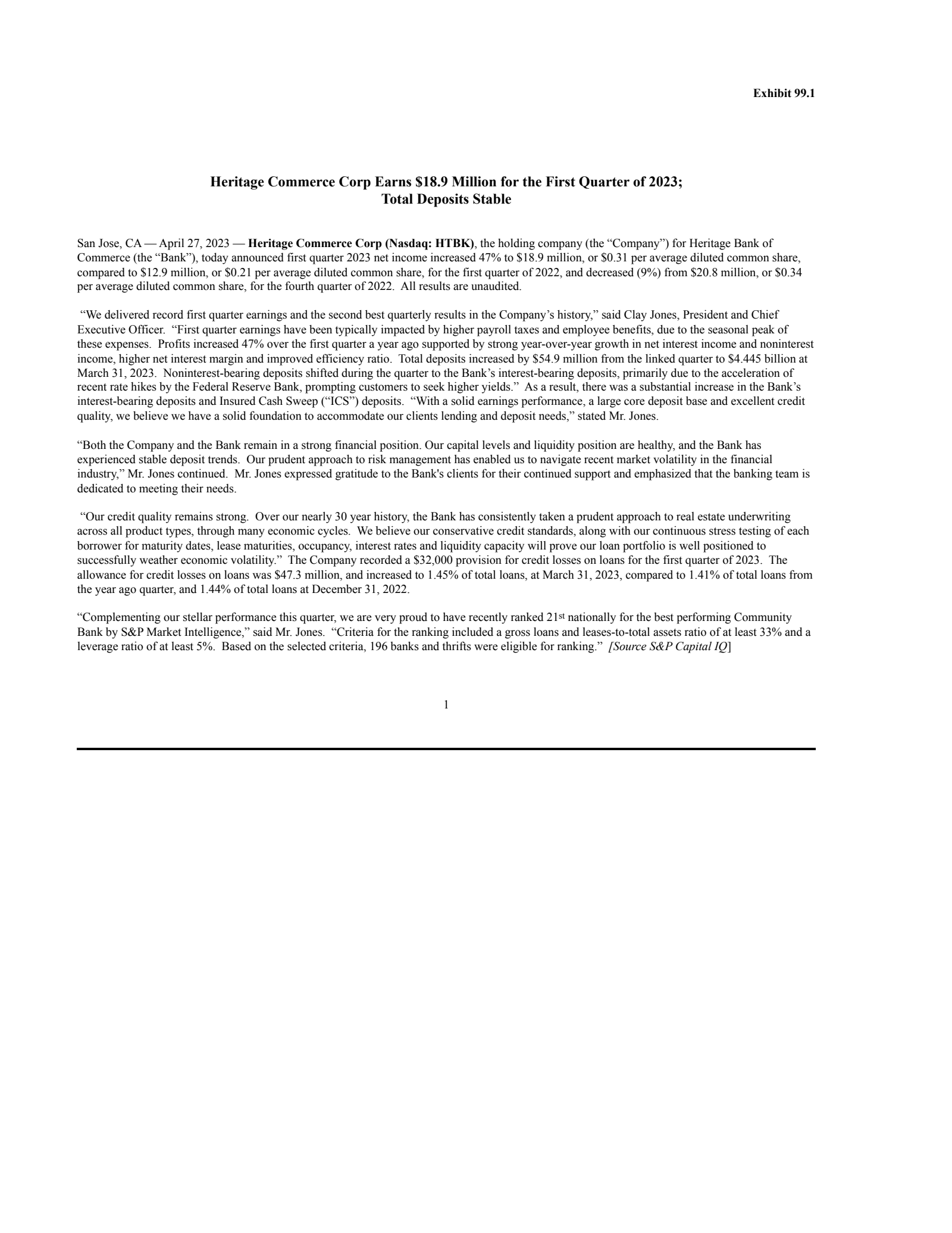 Heritage Commerce's Q1 2023 Press Release