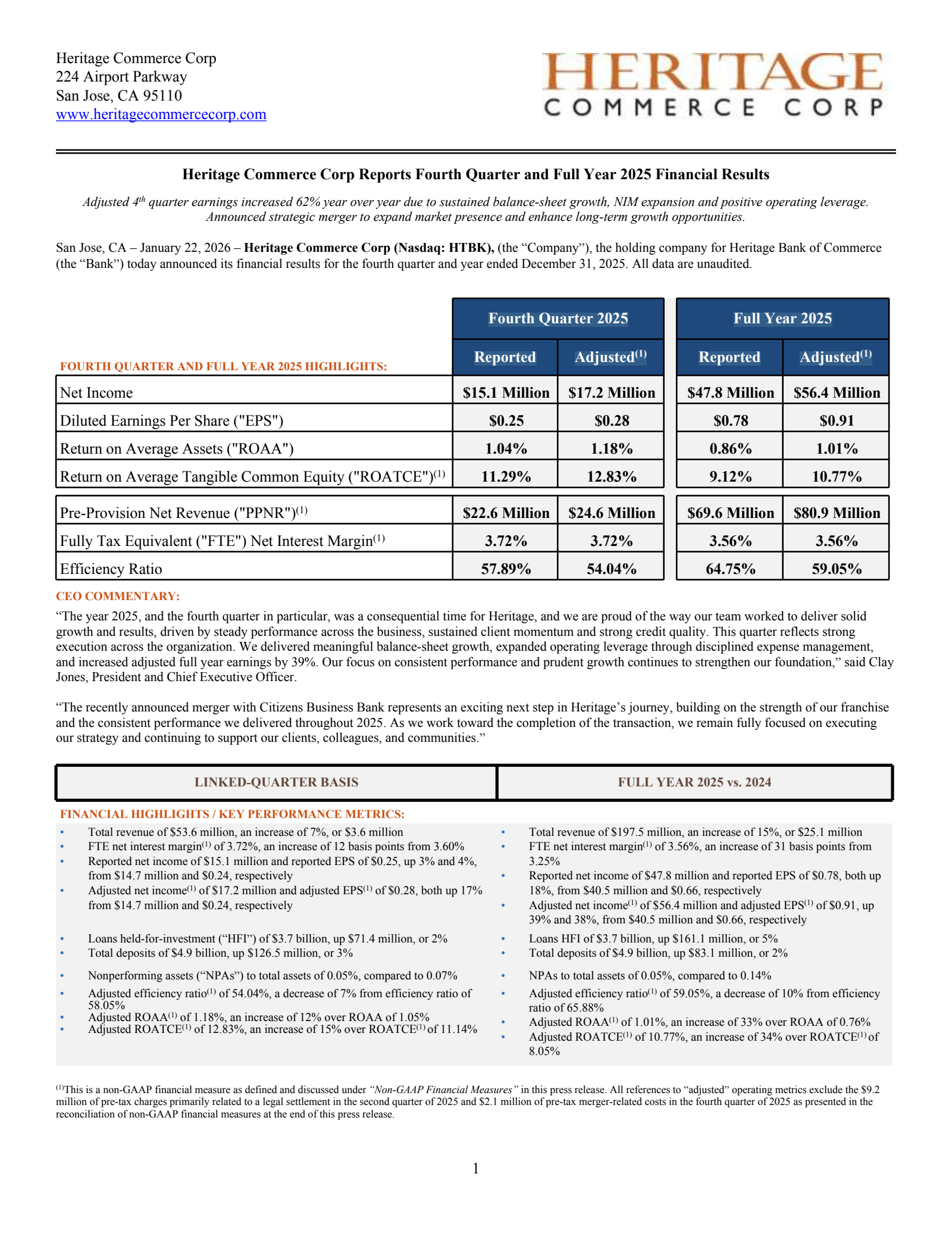 Heritage Commerce's Q4 2025 Press Release