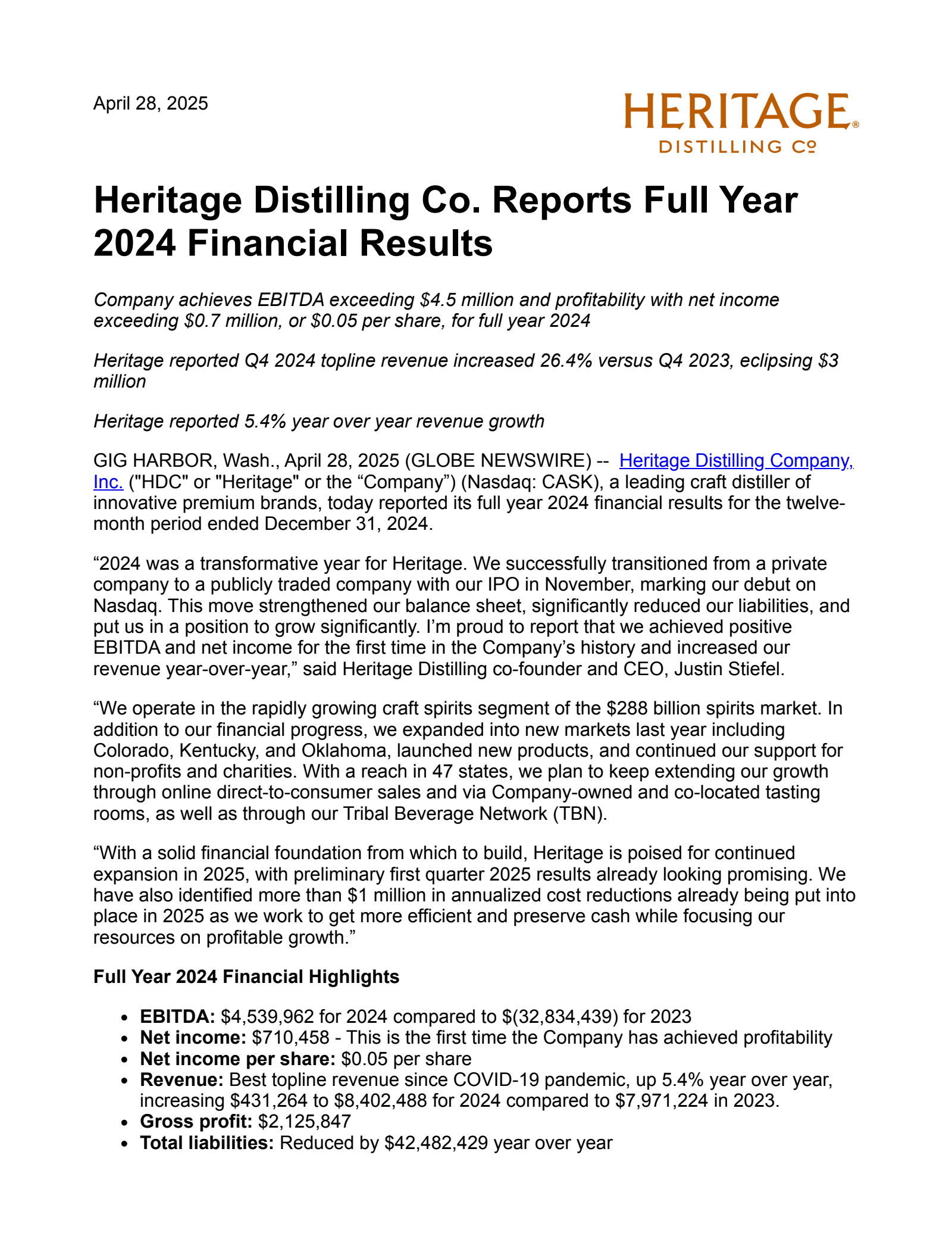 Heritage Distilling's Q4 2024 Earnings Release