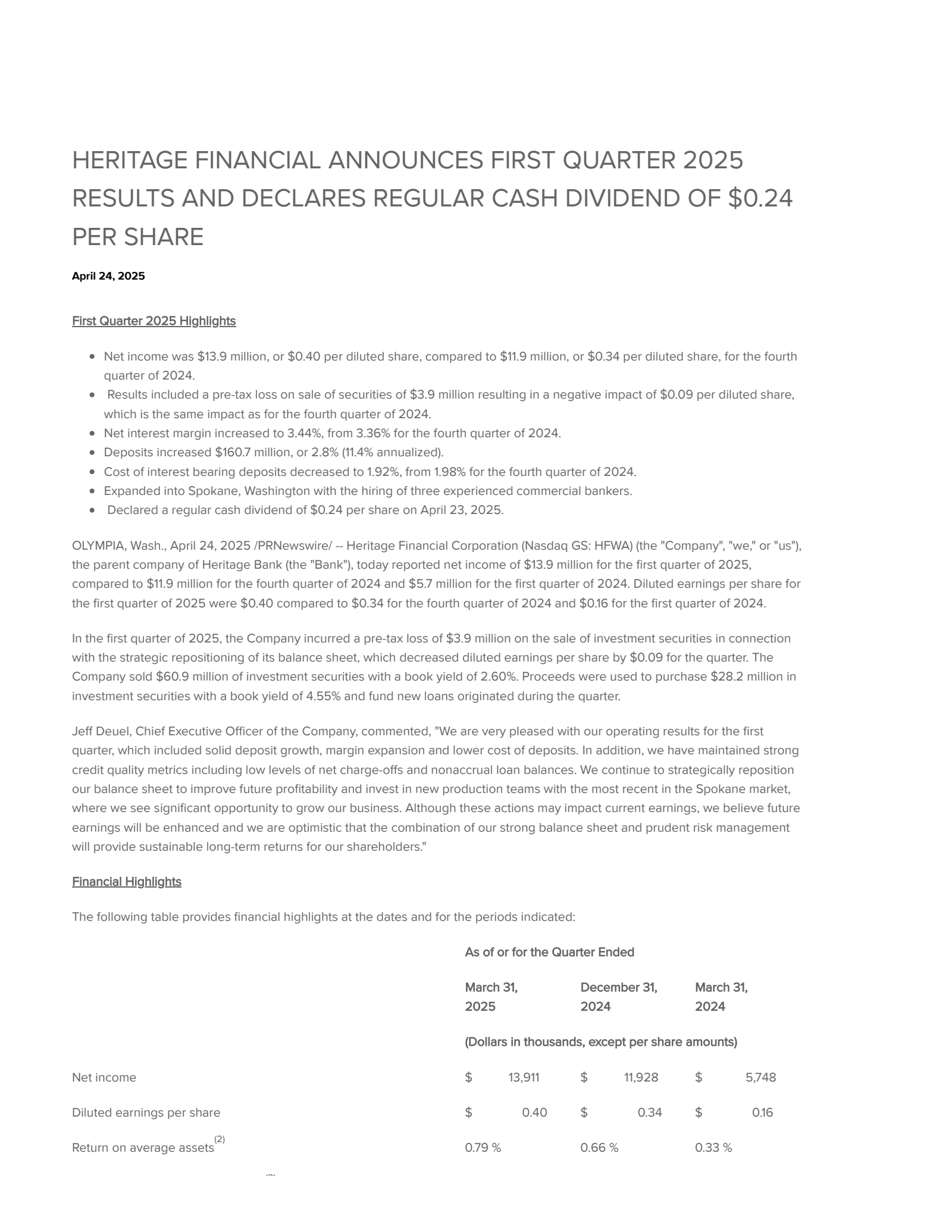 Heritage Financial's Q1 2025 Press Release