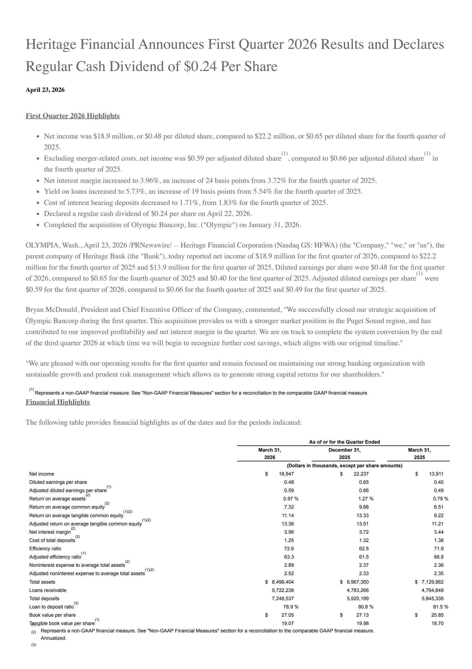 Heritage Financial's Q1 2026 Press Release