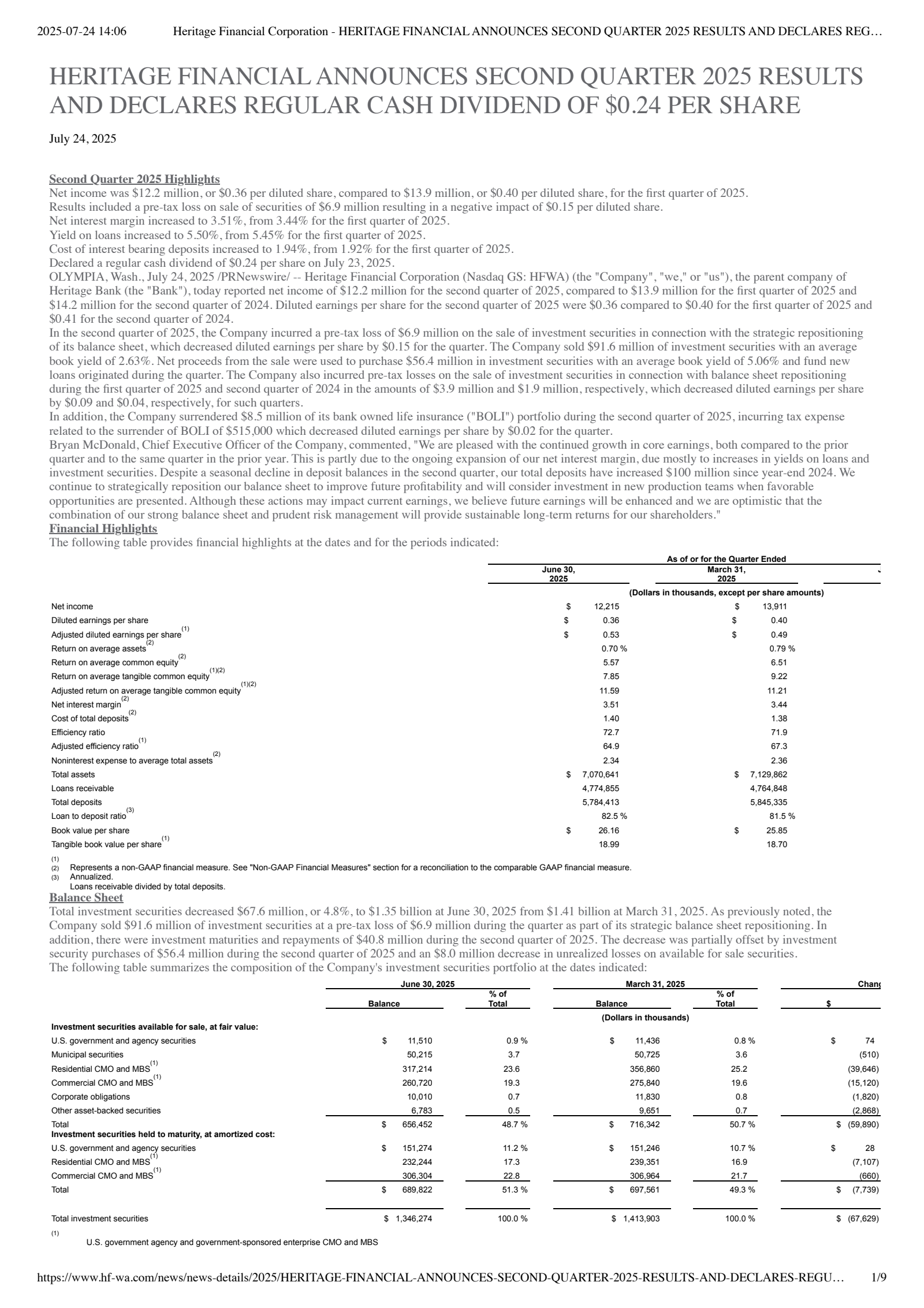 Heritage Financial's Q2 2025 Press Release