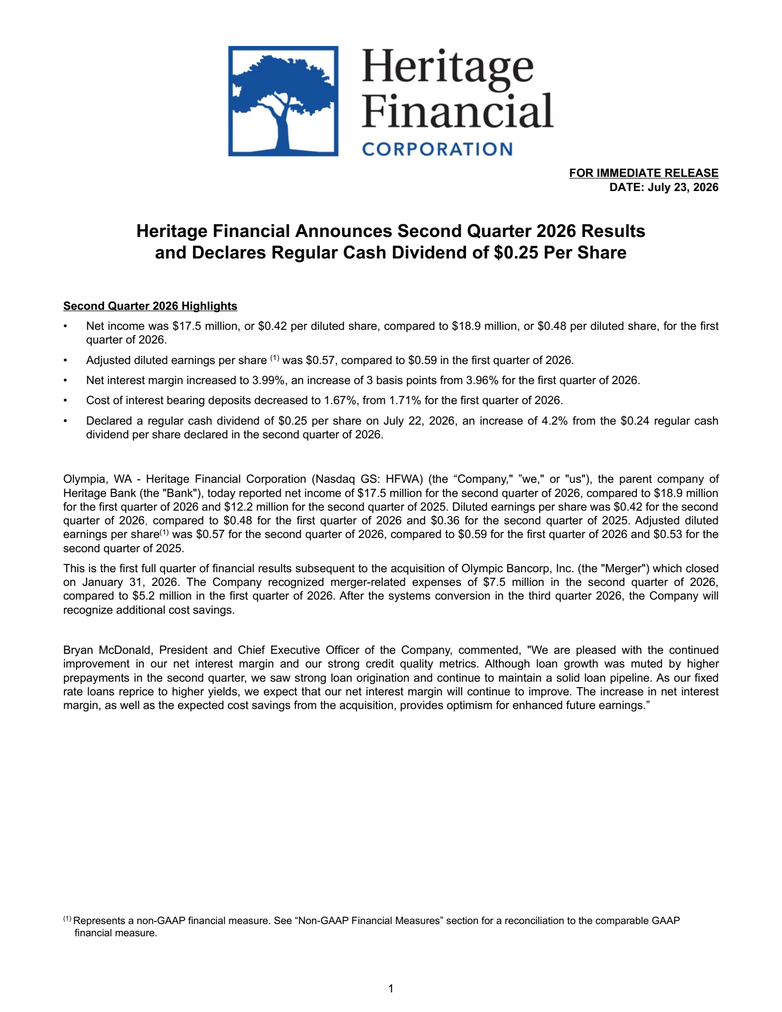 Heritage Financial's Q2 2026 Press Release