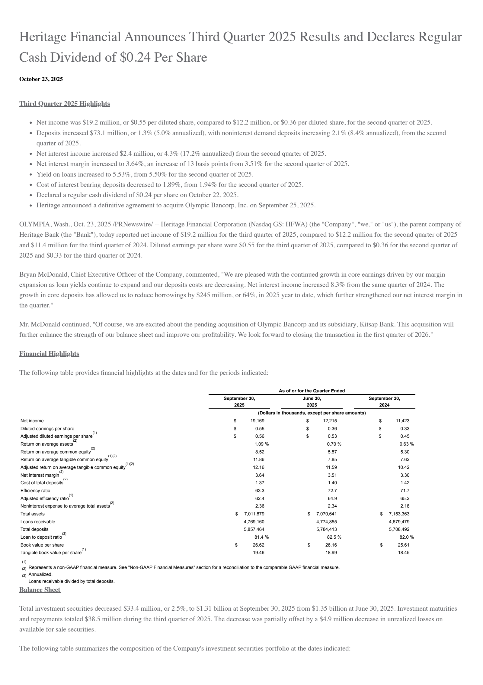 Heritage Financial's Q3 2025 Earnings Release