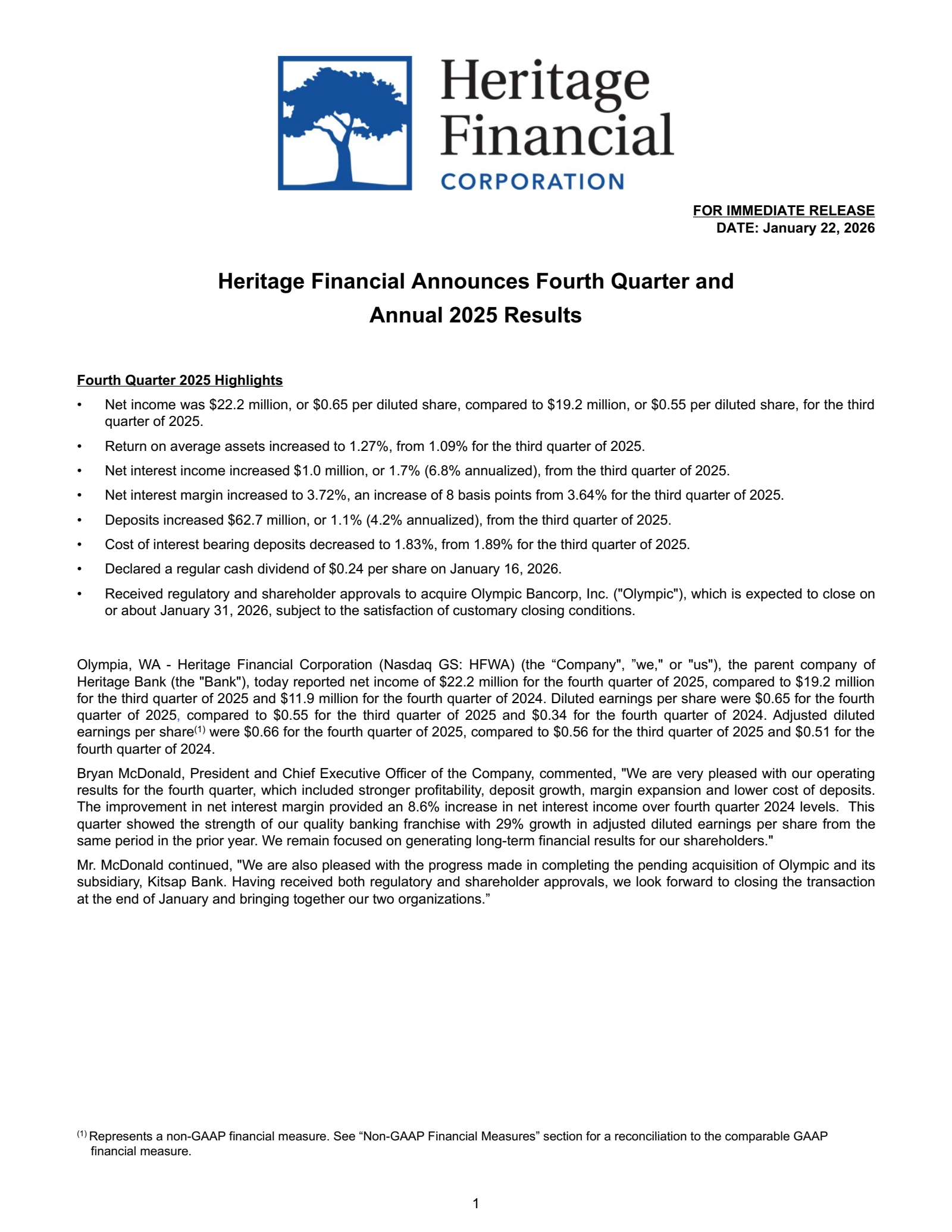 Heritage Financial's Q4 2025 Press Release