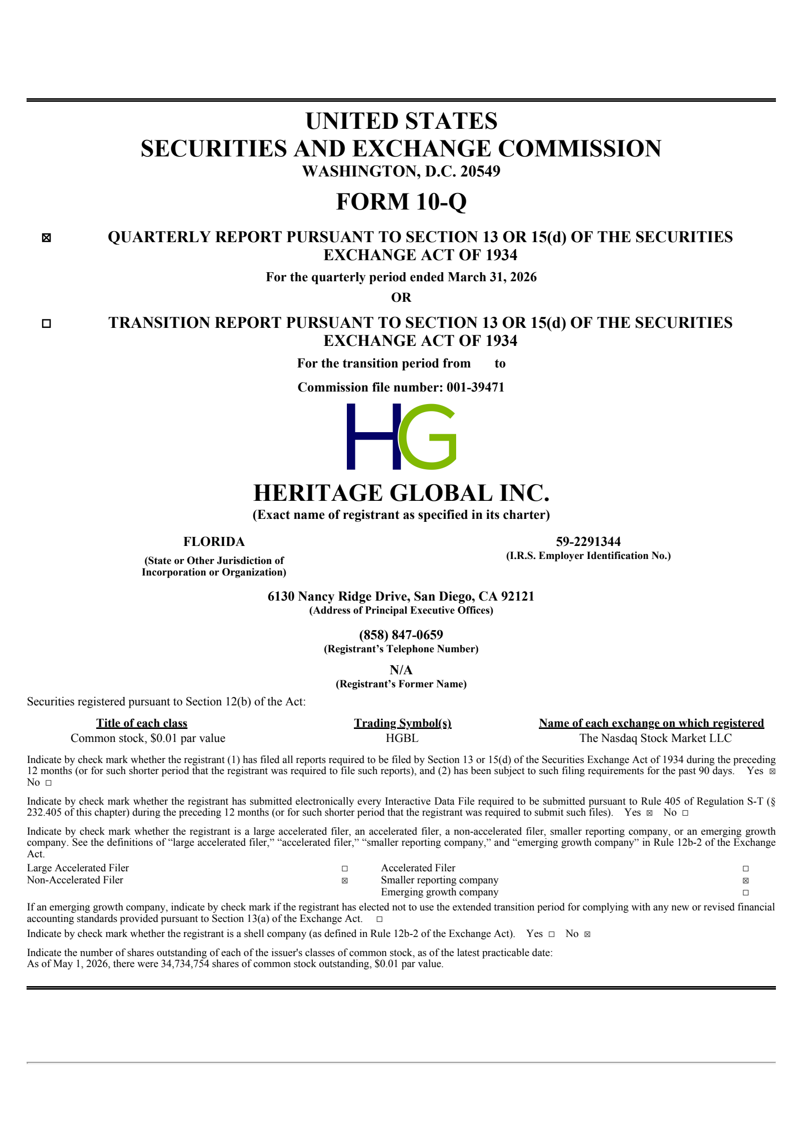 Heritage Global's Q1 2026 Quarterly report