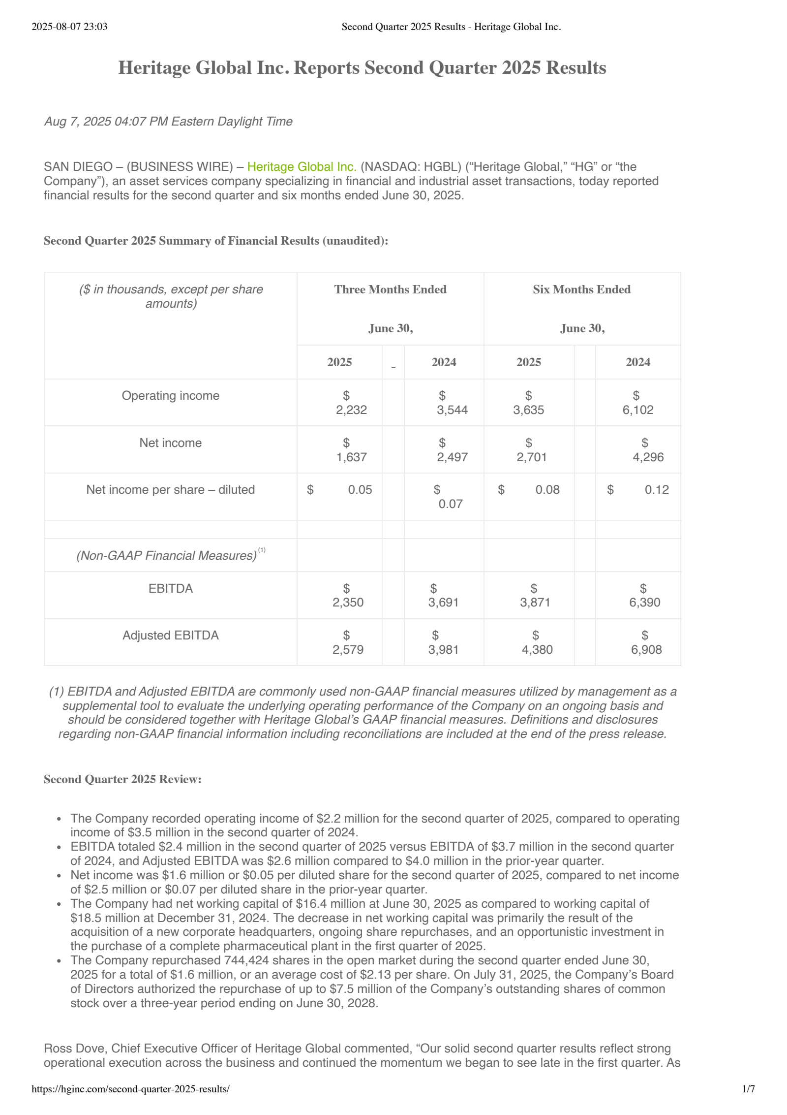 Heritage Global's Q2 2025 Press Release
