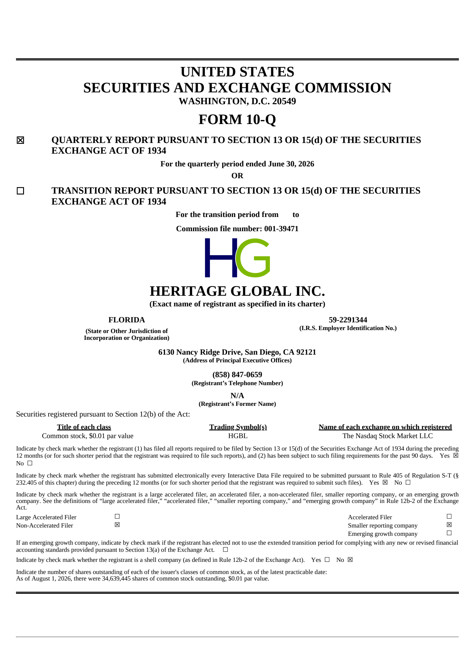 Heritage Global's Q2 2026 Quarterly report