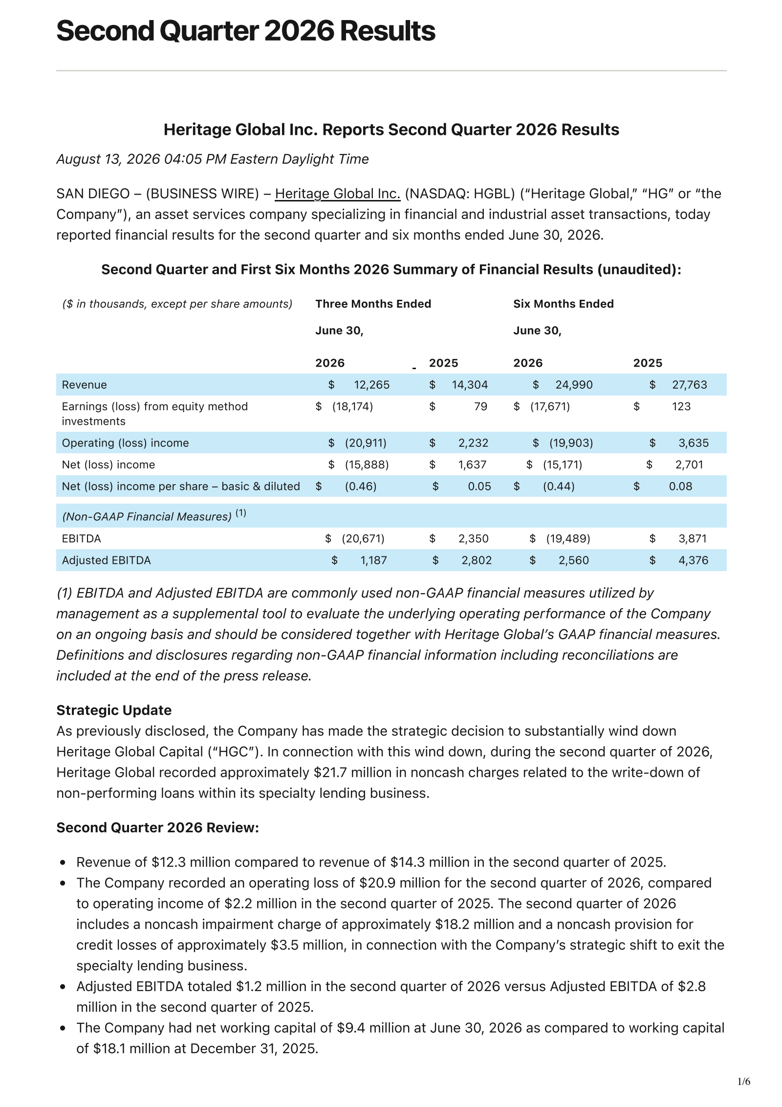 Heritage Global's Q2 2026 Press Release