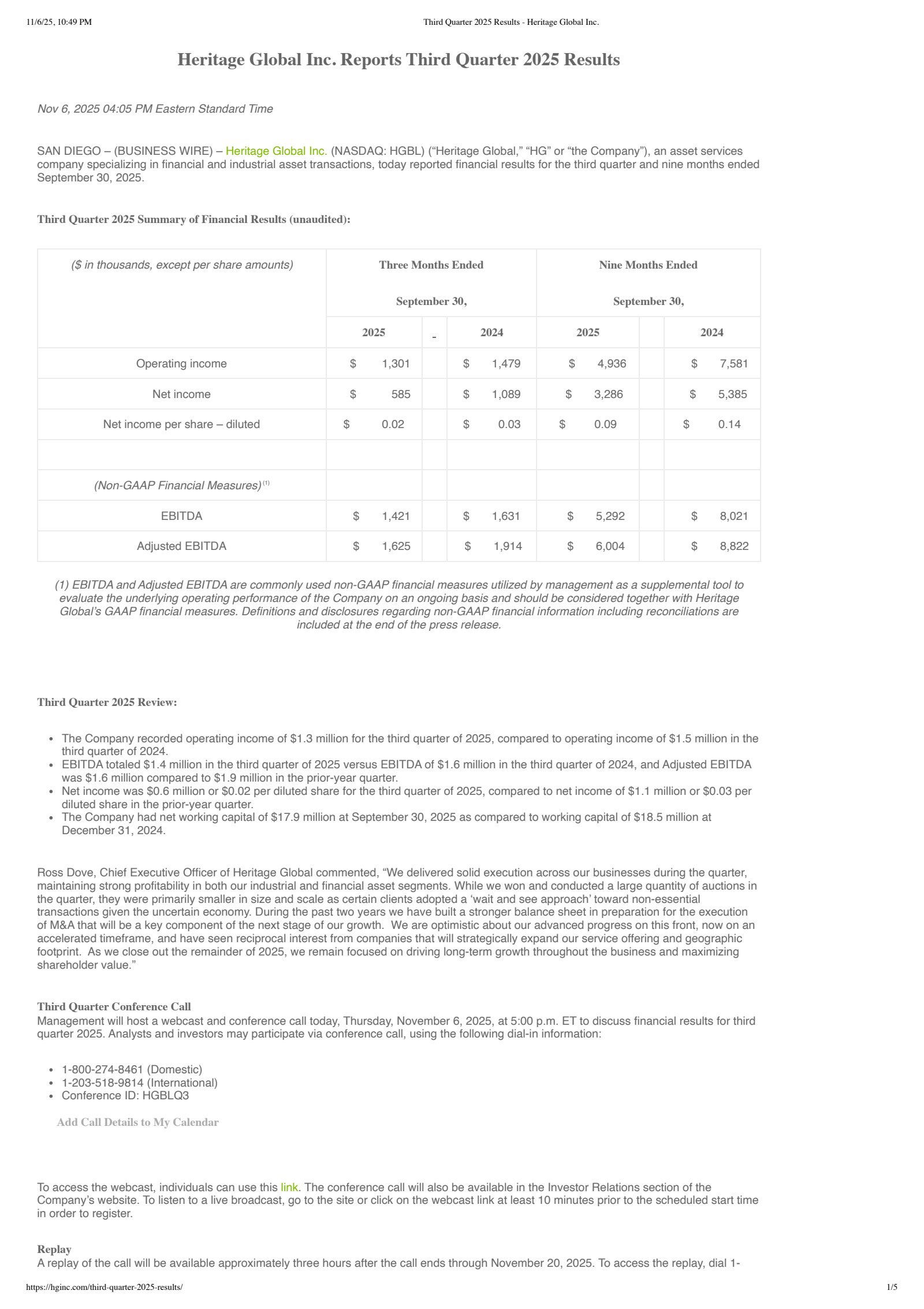 Heritage Global's Q3 2025 Earnings Release