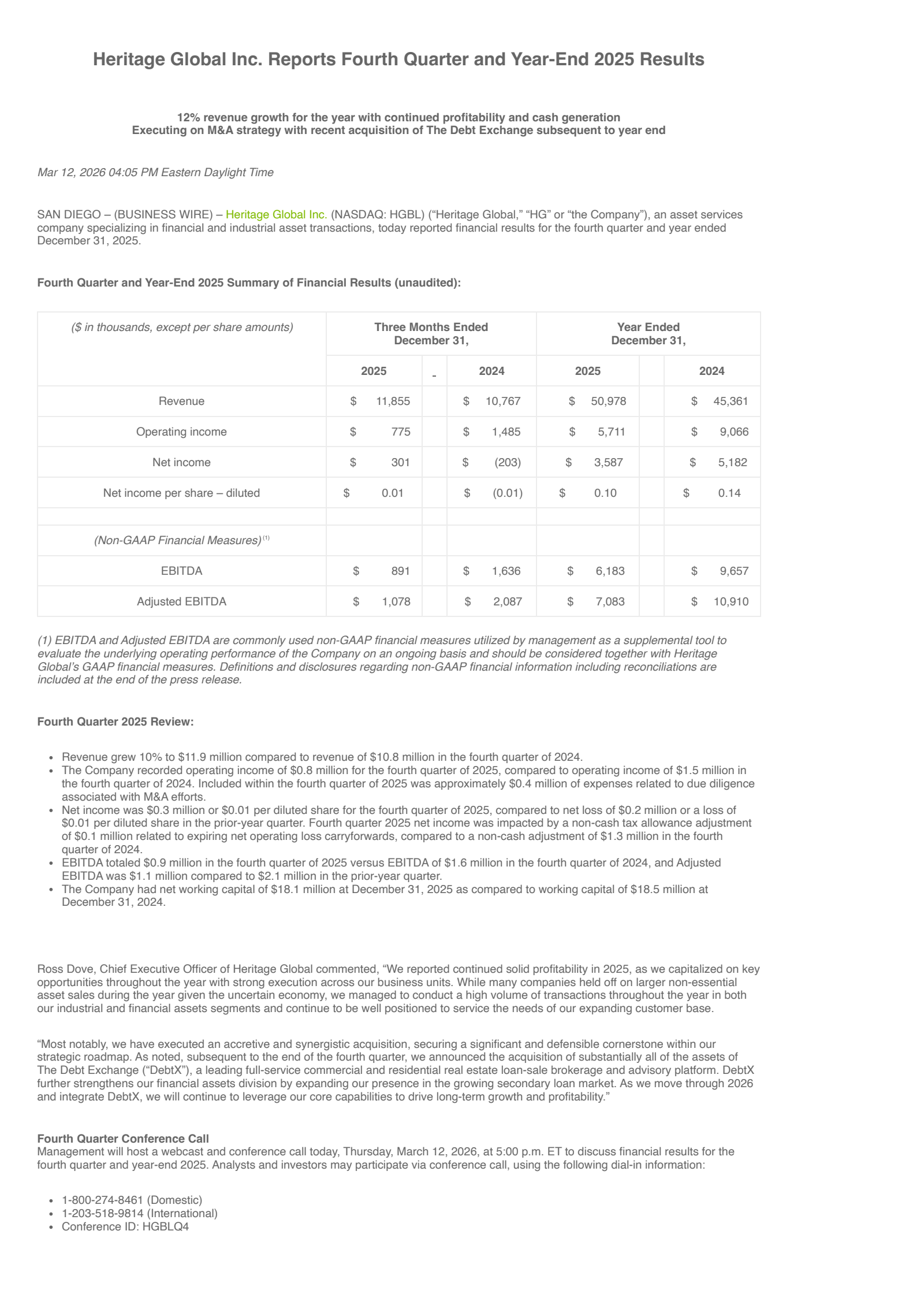 Heritage Global's Q4 2025 Press Release