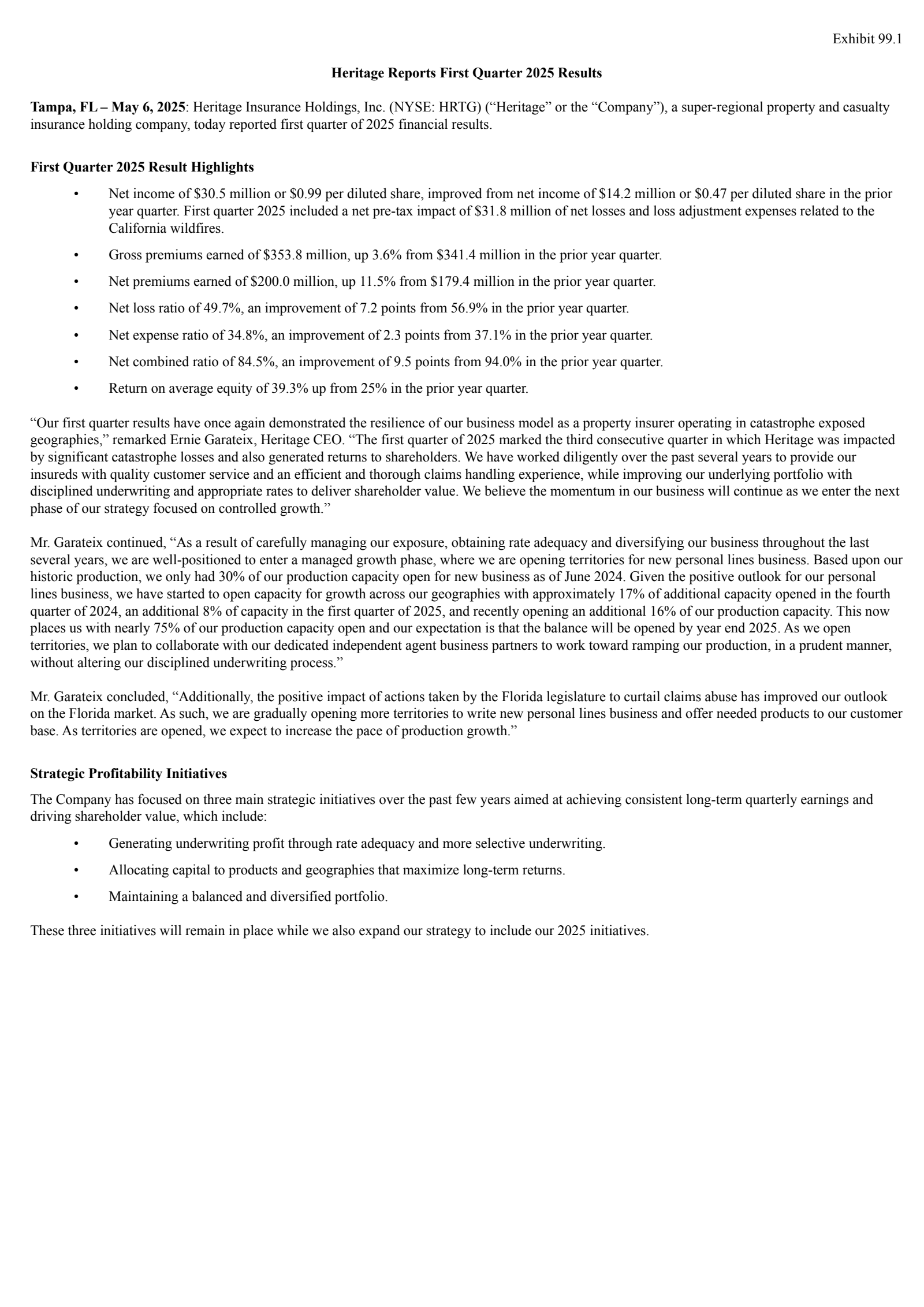 Heritage Insurance's Q1 2025 Press Release