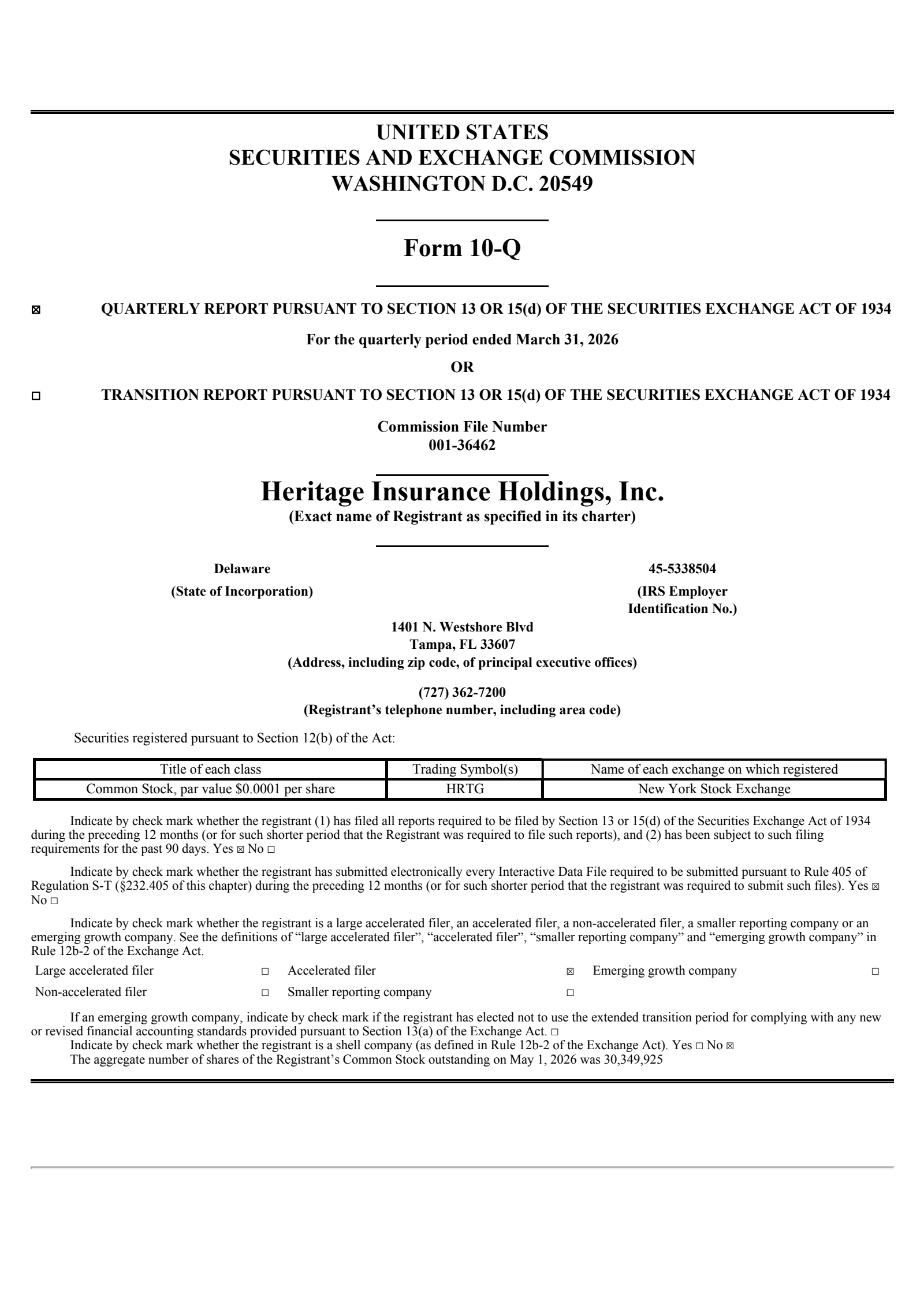 Heritage Insurance's Q1 2026 Quarterly report