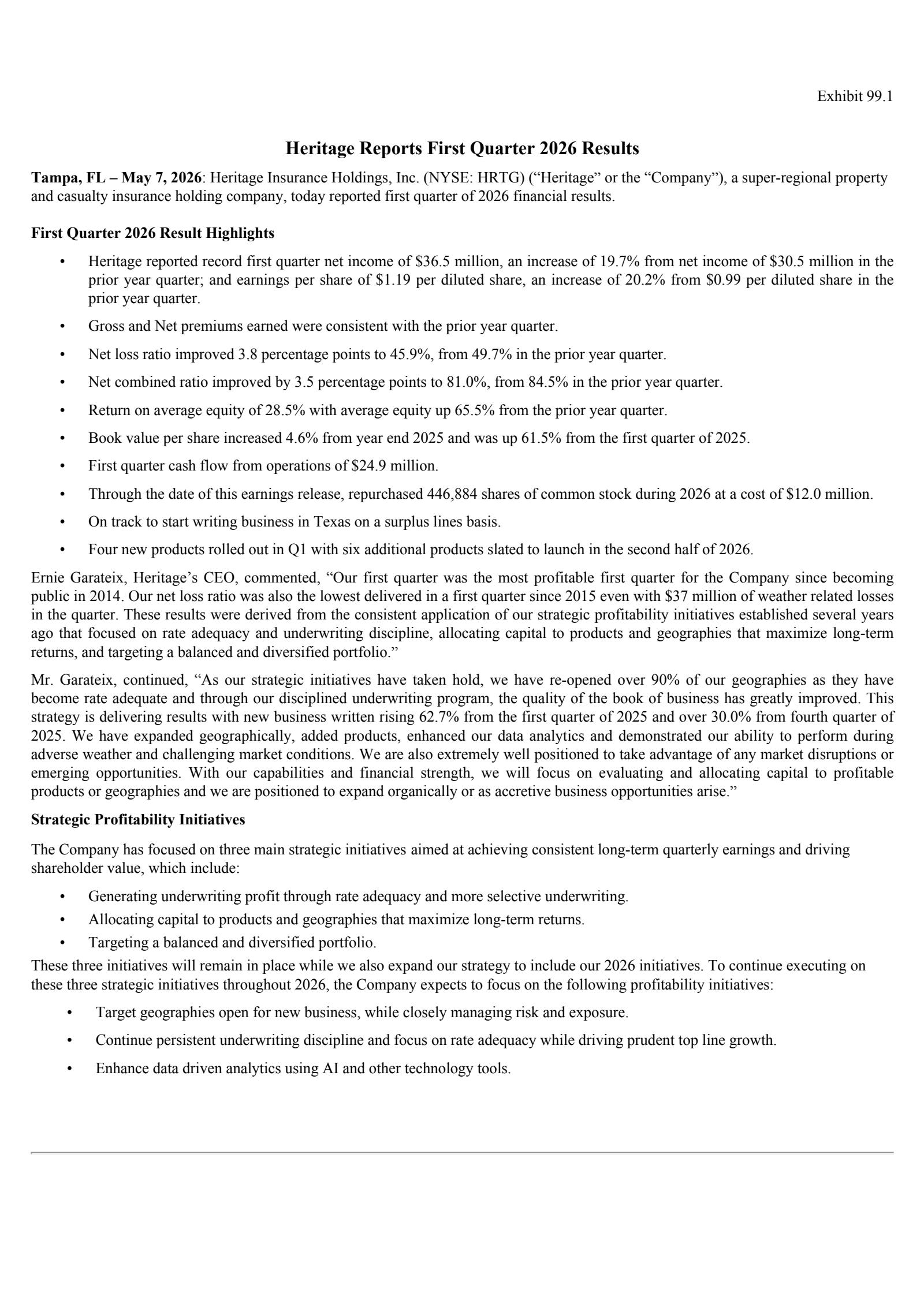 Heritage Insurance's Q1 2026 Press Release