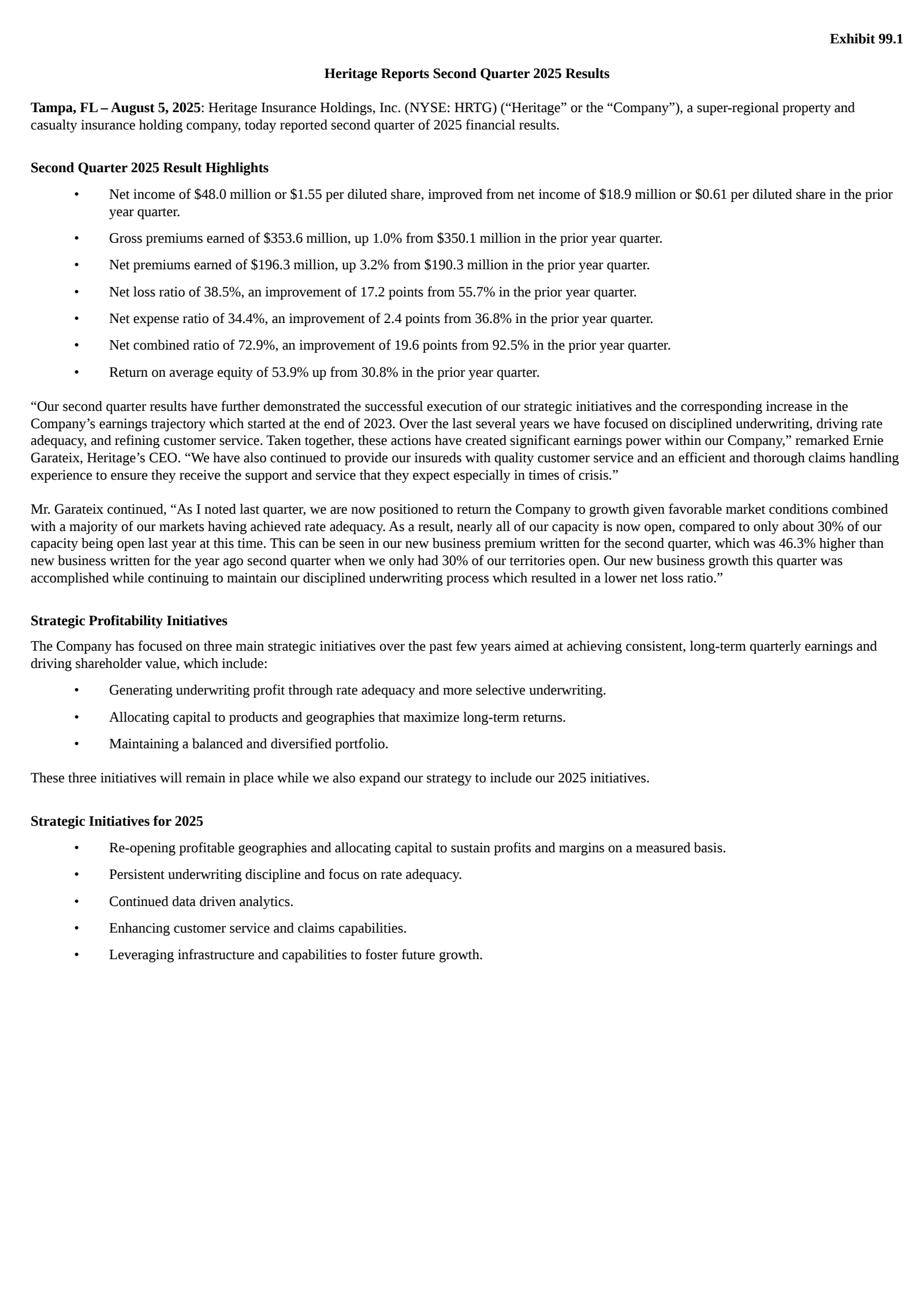 Heritage Insurance's Q2 2025 Press Release
