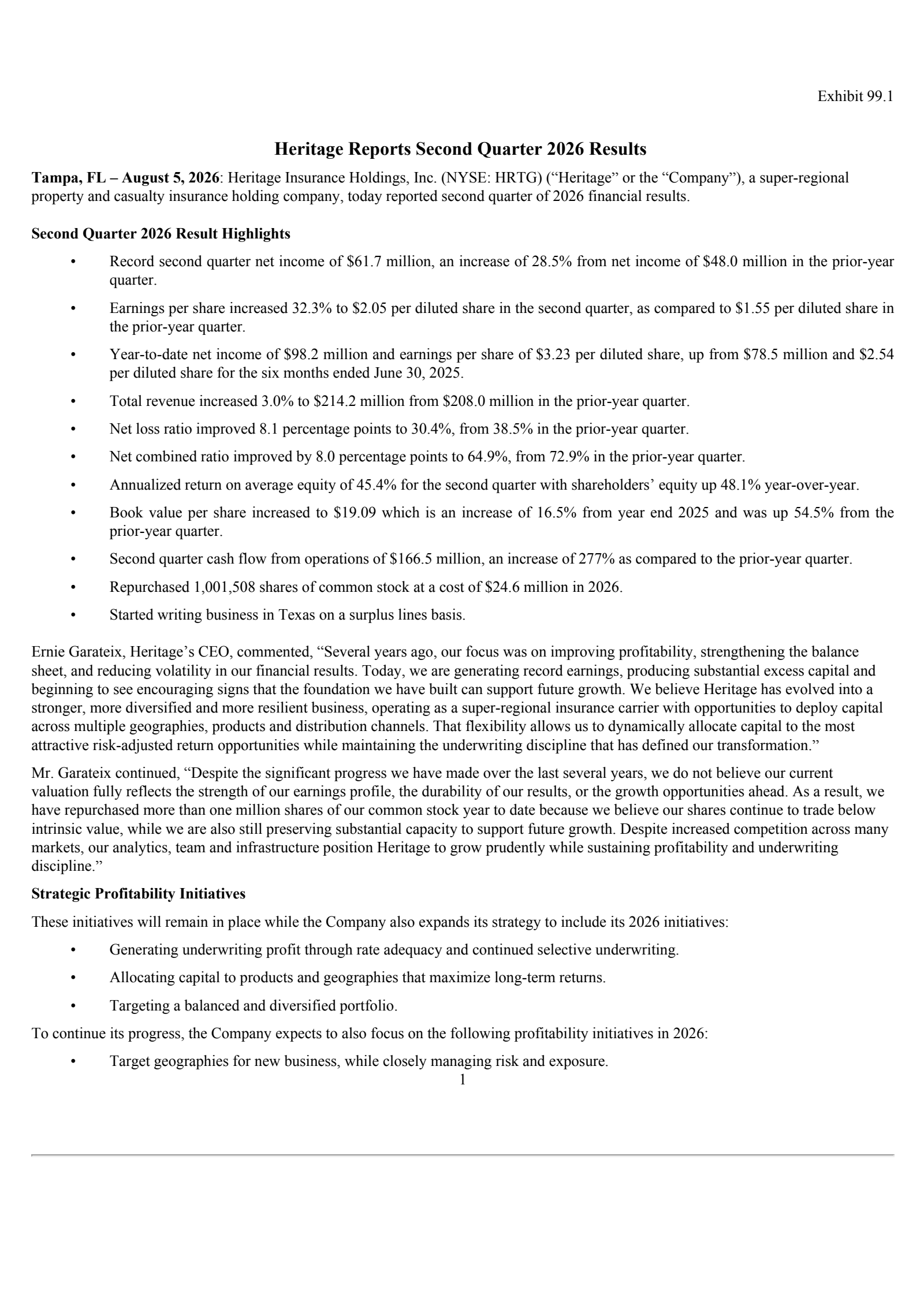 Heritage Insurance's Q2 2026 Press Release