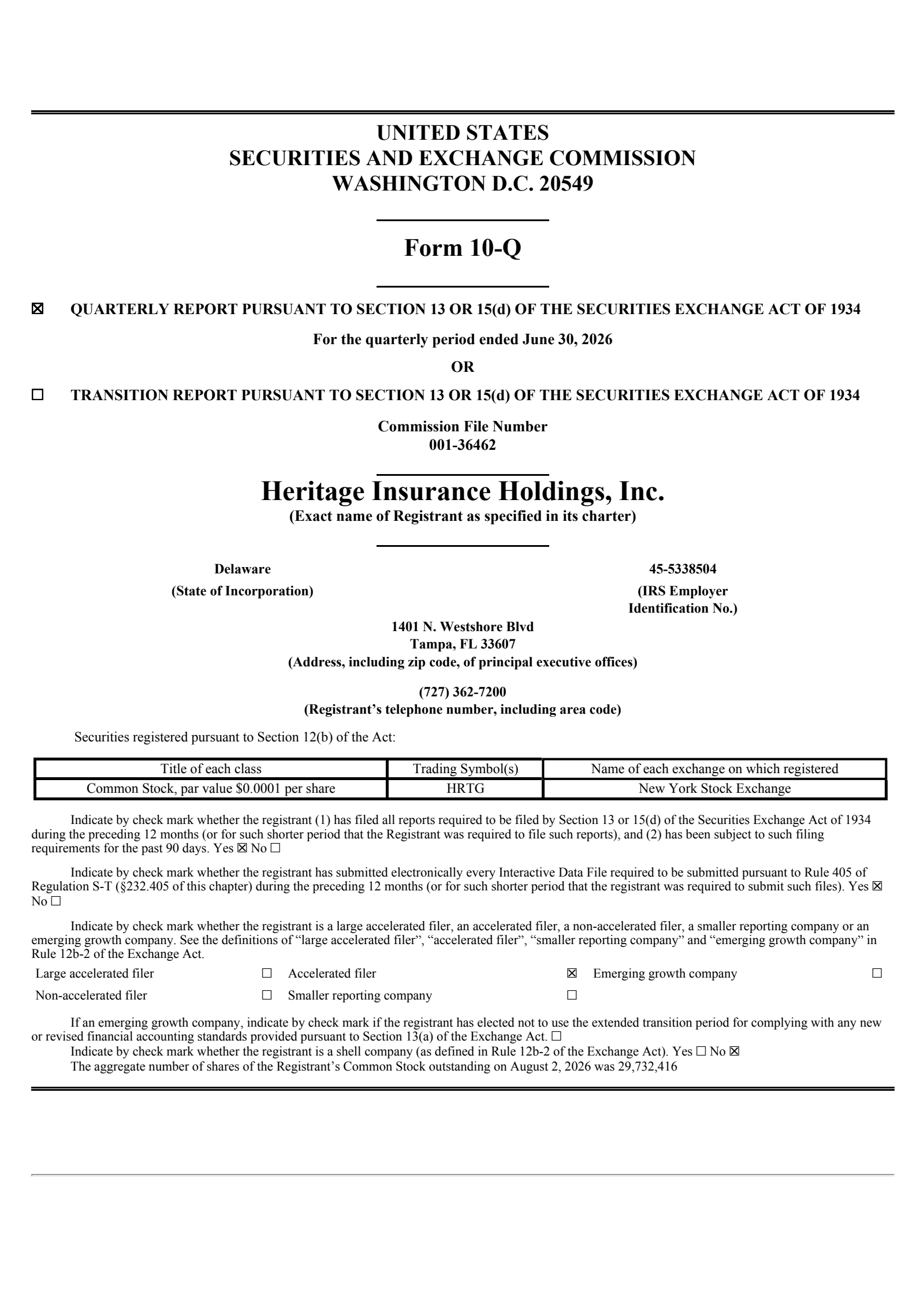 Heritage Insurance's Q2 2026 Quarterly report