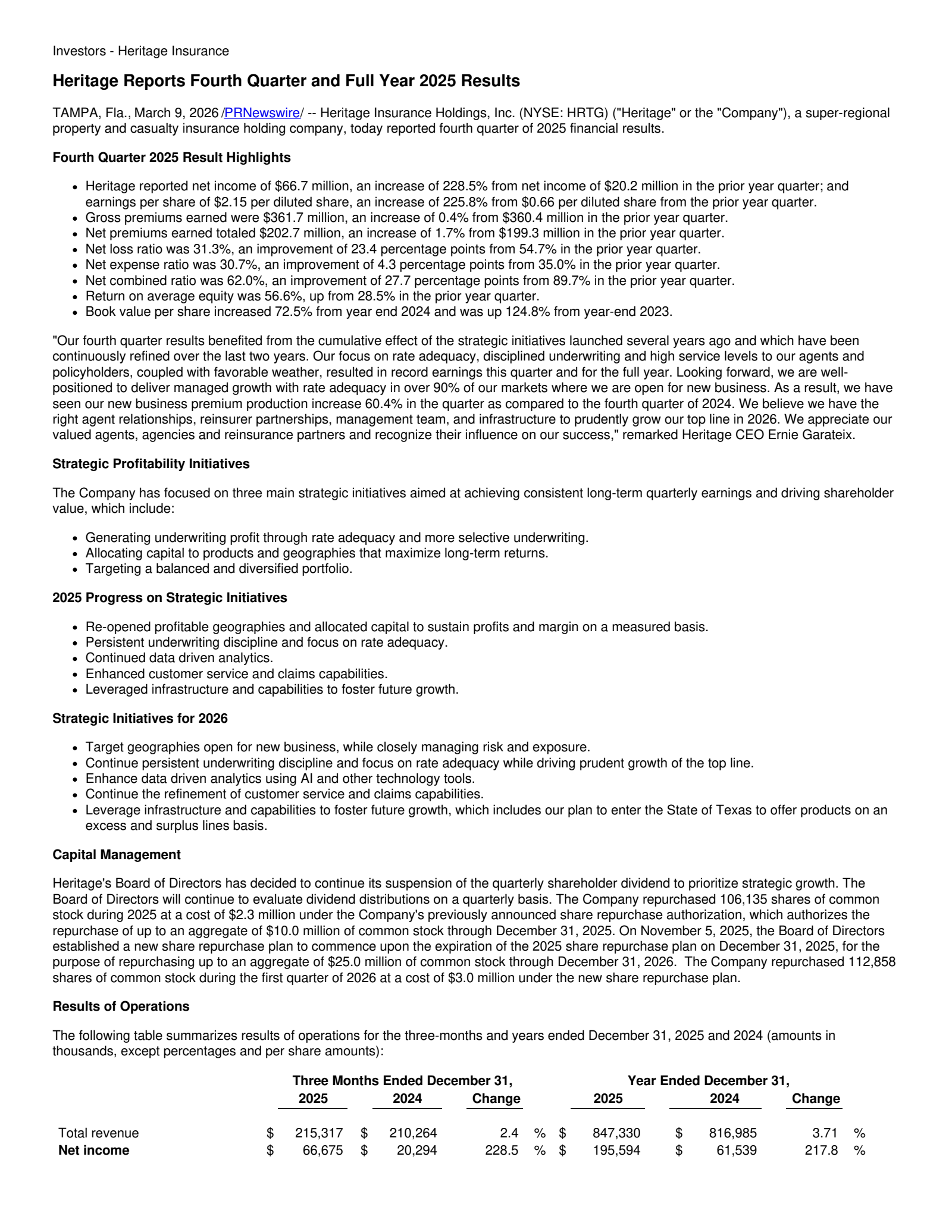 Heritage Insurance's Q4 2025 Press Release