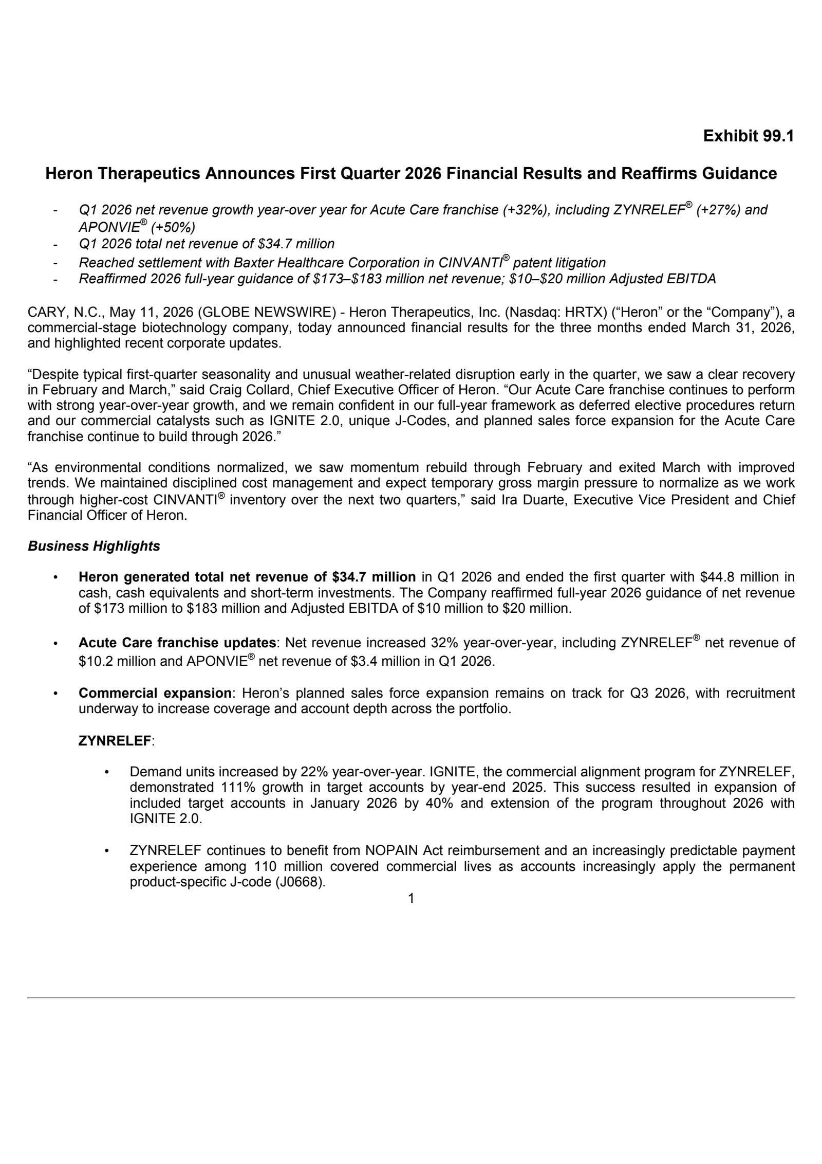 Heron Therapeutics' Q1 2026 Press Release