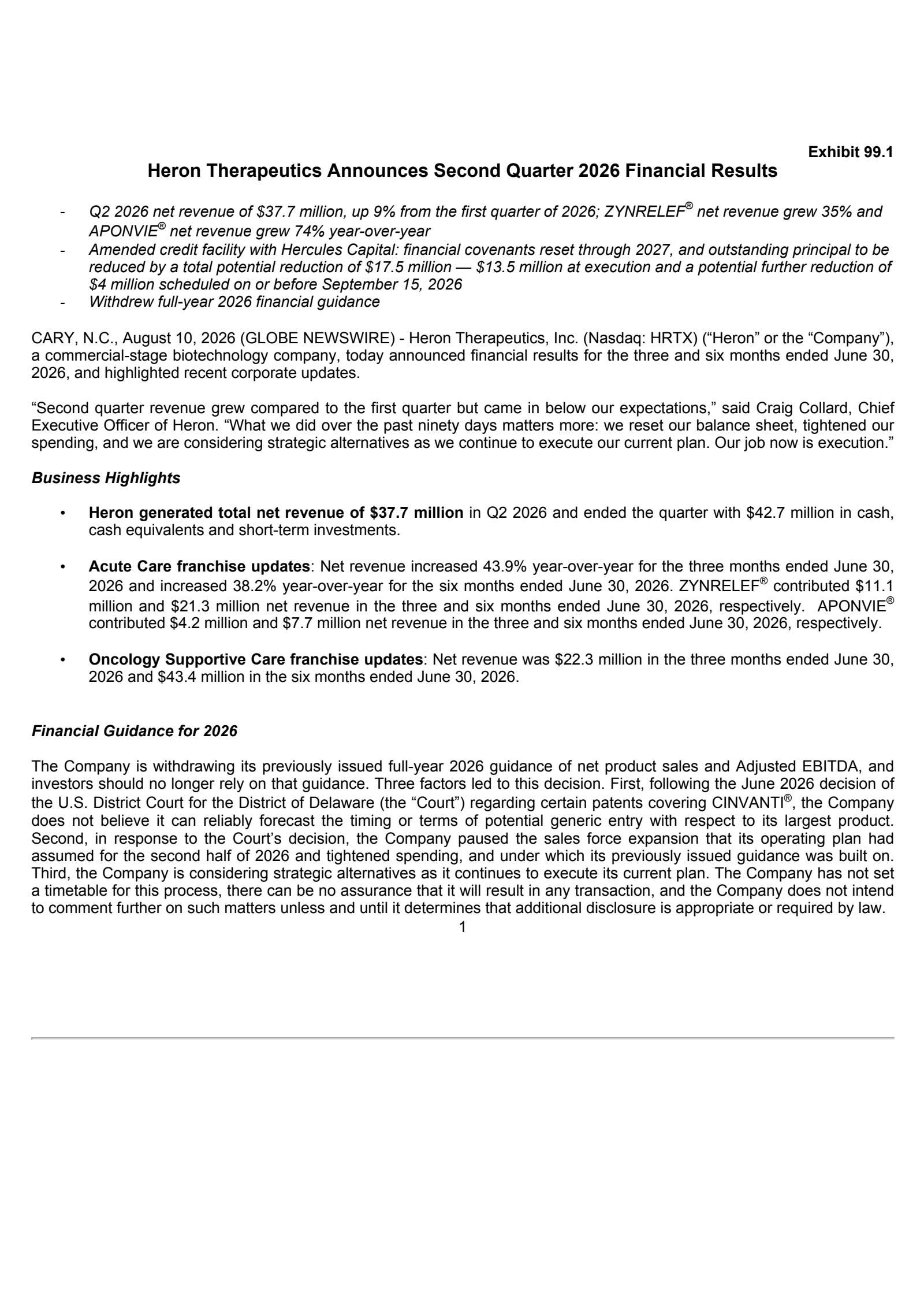 Heron Therapeutics' Q2 2026 Press Release