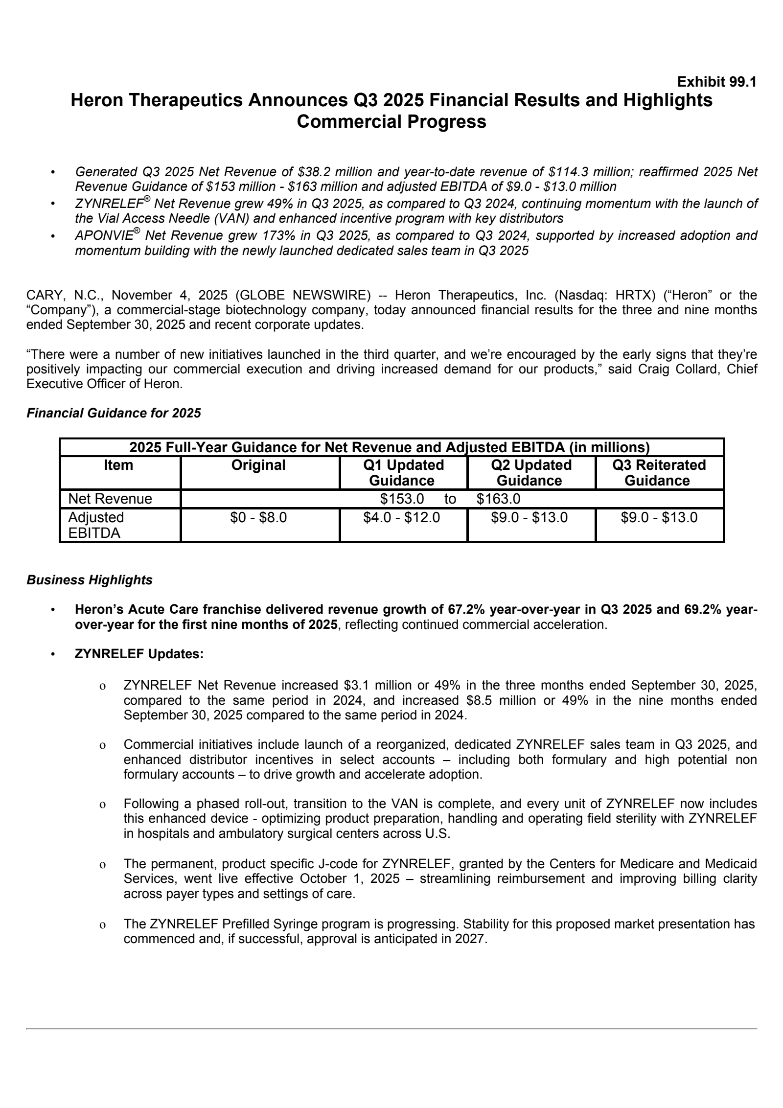 Heron Therapeutics' Q3 2025 Earnings Release