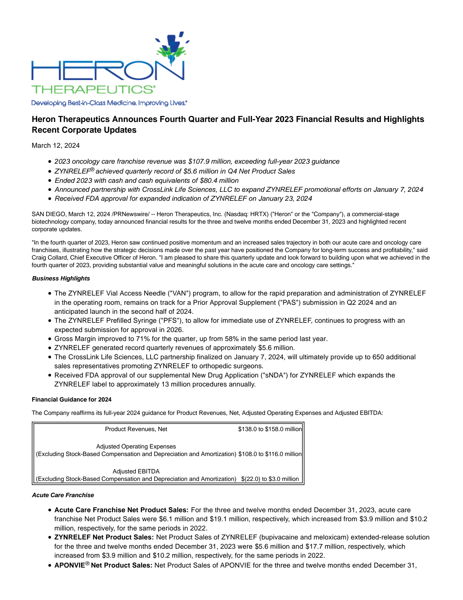 Heron Therapeutics' Q4 2023 Press Release