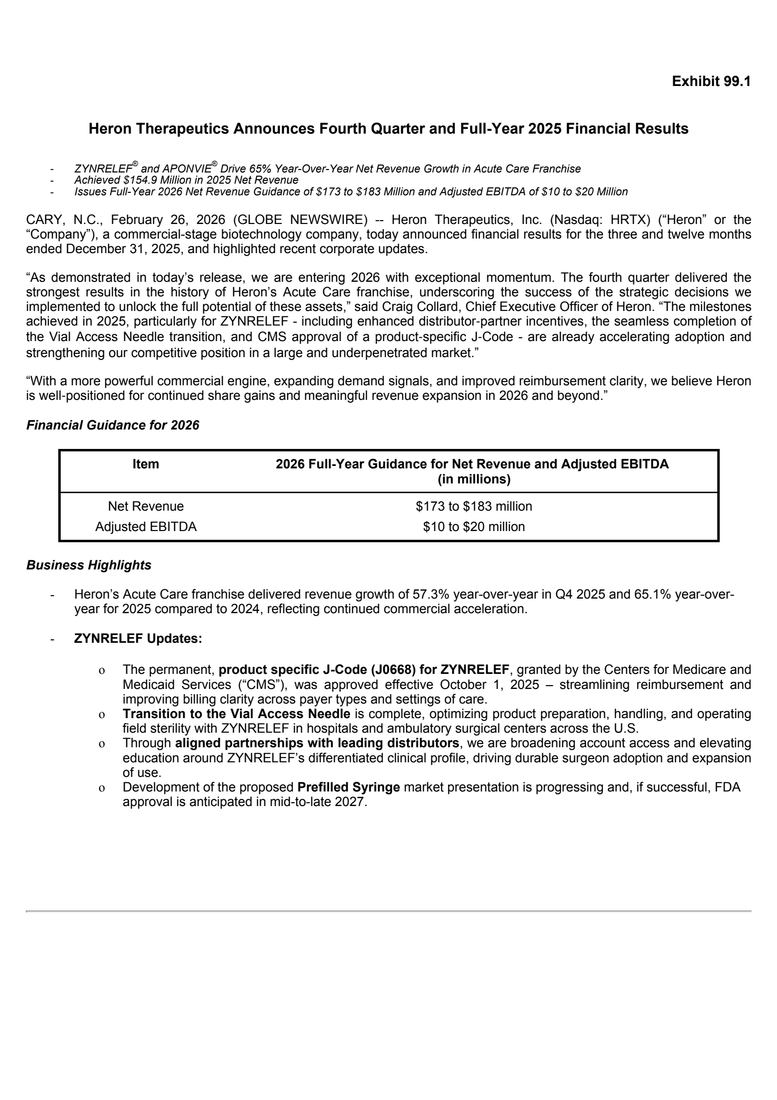 Heron Therapeutics' Q4 2025 Press Release
